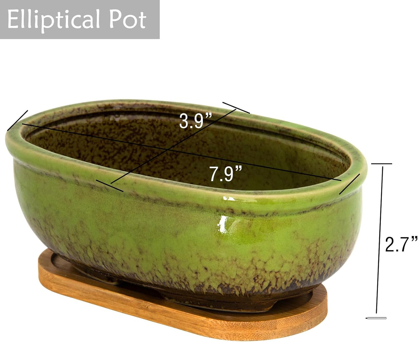 ARTKETTY Succulent Pots, 1 Rectangle Planter + 1 Ceramic Bonsai Pot with Drain Tray, 2 Pack Large Shallow Succulent Planters for Indoor Plants, Round Cactus Flower Plant Pot for Desk Windowsill Decor