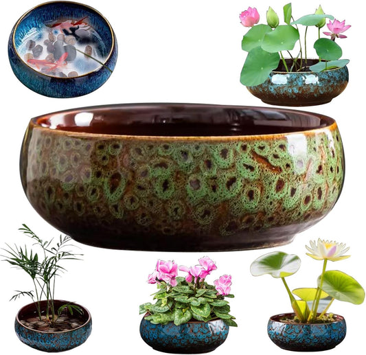 Lotus Bowl Planter, Lotus Bowls for Planting in Water Indoors, Ceramic Planters for Indoor Plants, Thickened Round Planter, for Succulent Plants Leak-Proof Design (Green)