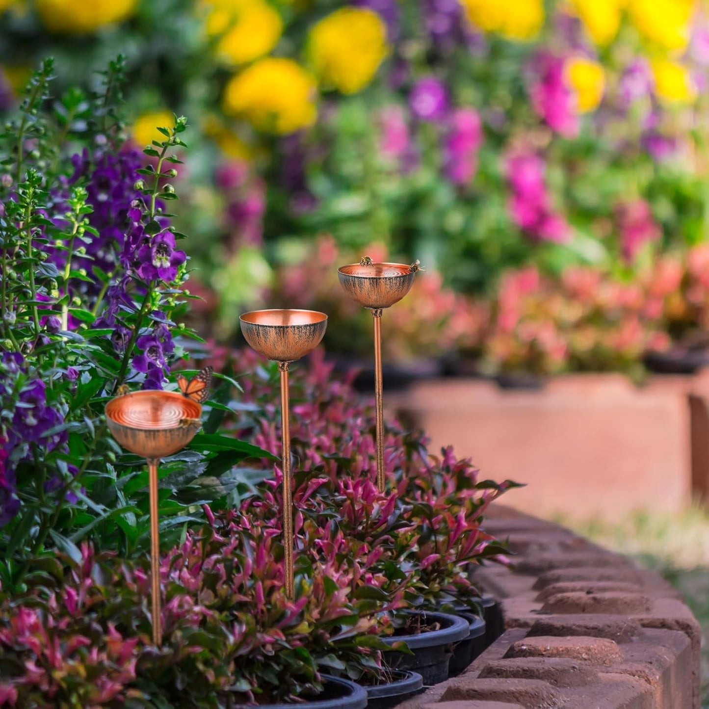 6 Pcs Bee Watering Station for Garden Bee Metal Watering Cups Butterfly Water Feeder Small Insects Bath Bowl Cups Metal Stakes for Outdoor Garden Decor, Copper