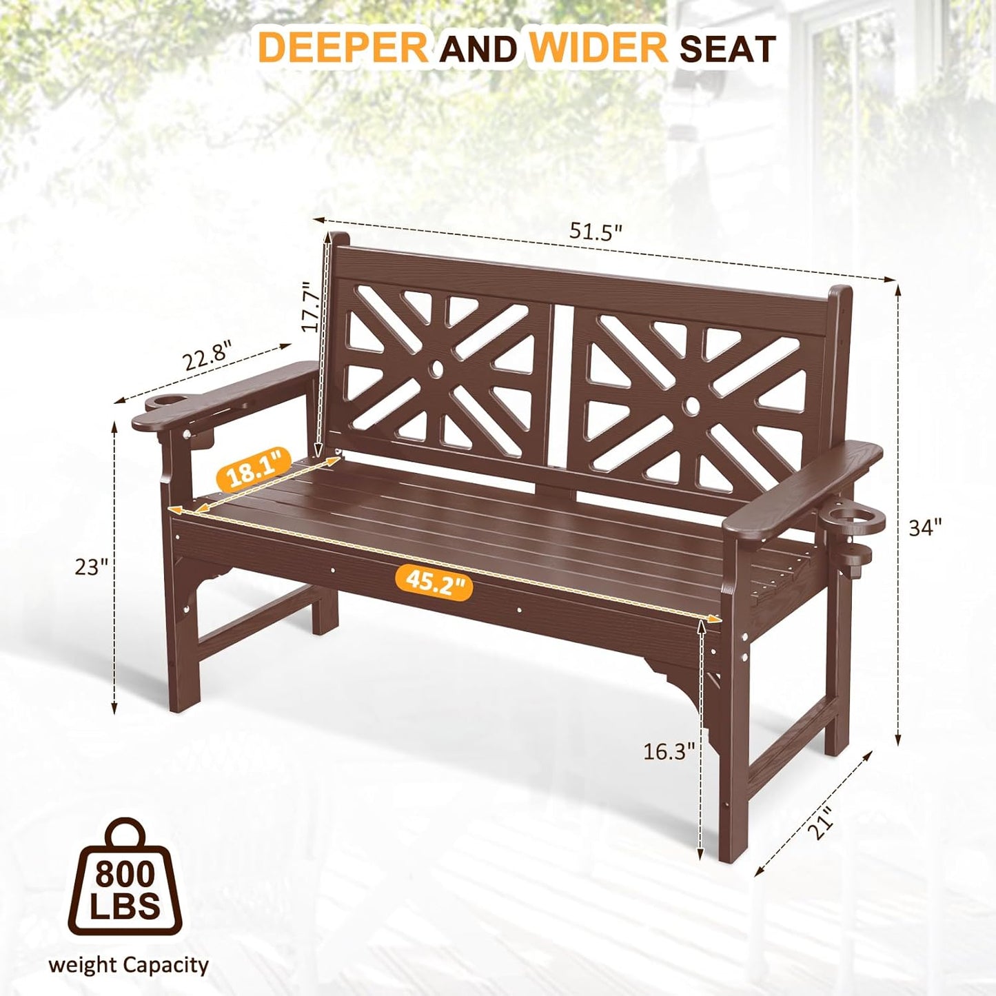 nalone Outdoor Bench with Cup Holders, HDPE All Weather Porch Bench Load up to 800 Lbs, 2-Person Garden Benches Rot-Proof Fade Proof for Patio, Porch, and Park (Brown)
