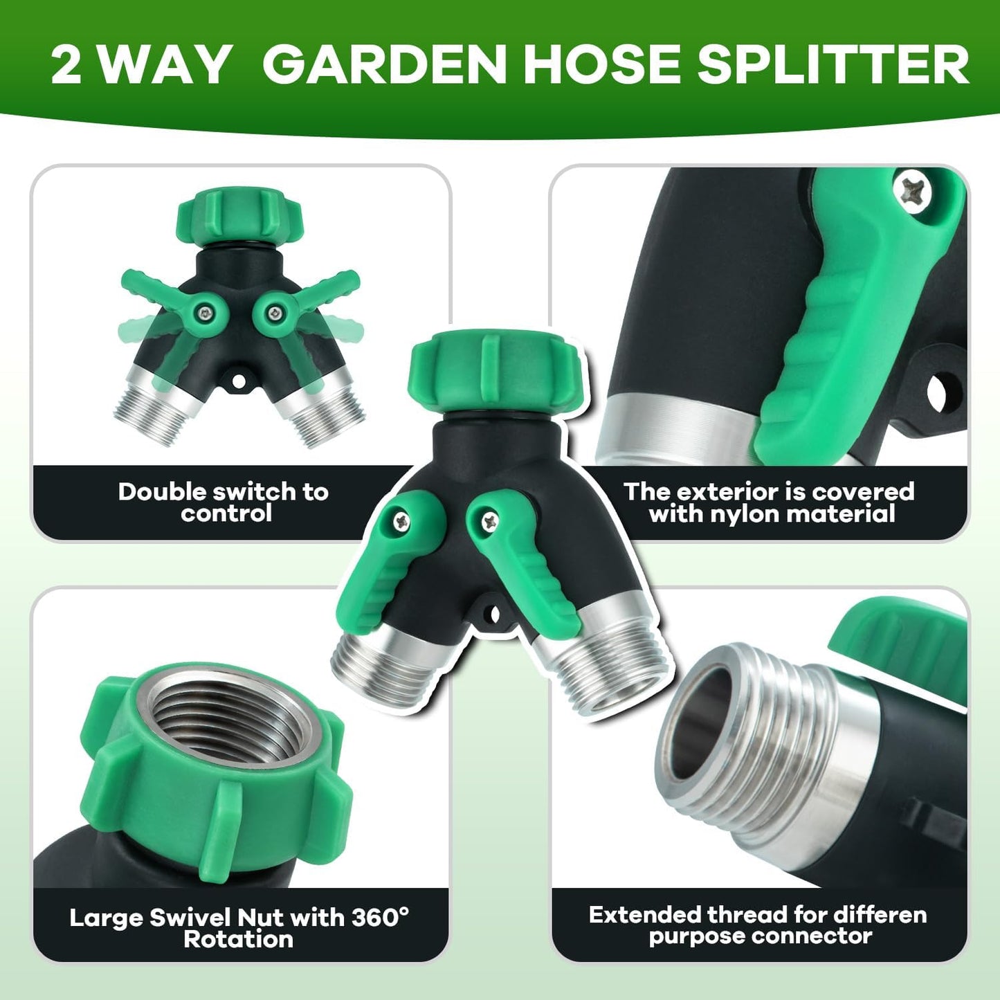 Garden Hose Splitter 2 Way, 304 Stainless Steel Hose Splitter 2 Way Heavy Duty, 3/4" Full Flow Y Valve Water Hose Splitter, Outdoor Faucet Splitter Y Connector for Garden Hose