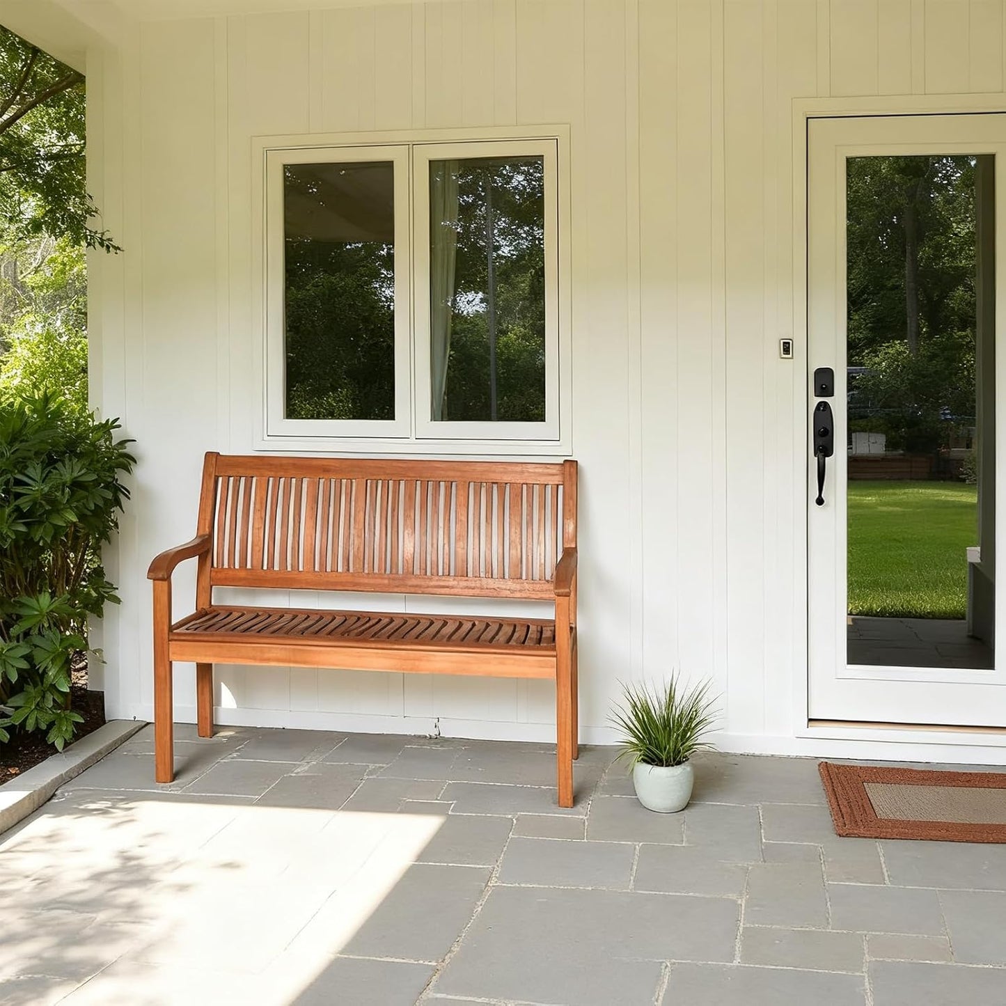 COSTWAY Wooden Bench Outdoor, Curved Armrest & Backrest, Sturdy Outdoor Wood Bench for Garden, Park & Porch, 25" D x 50" W x 36" H, Teak Colored