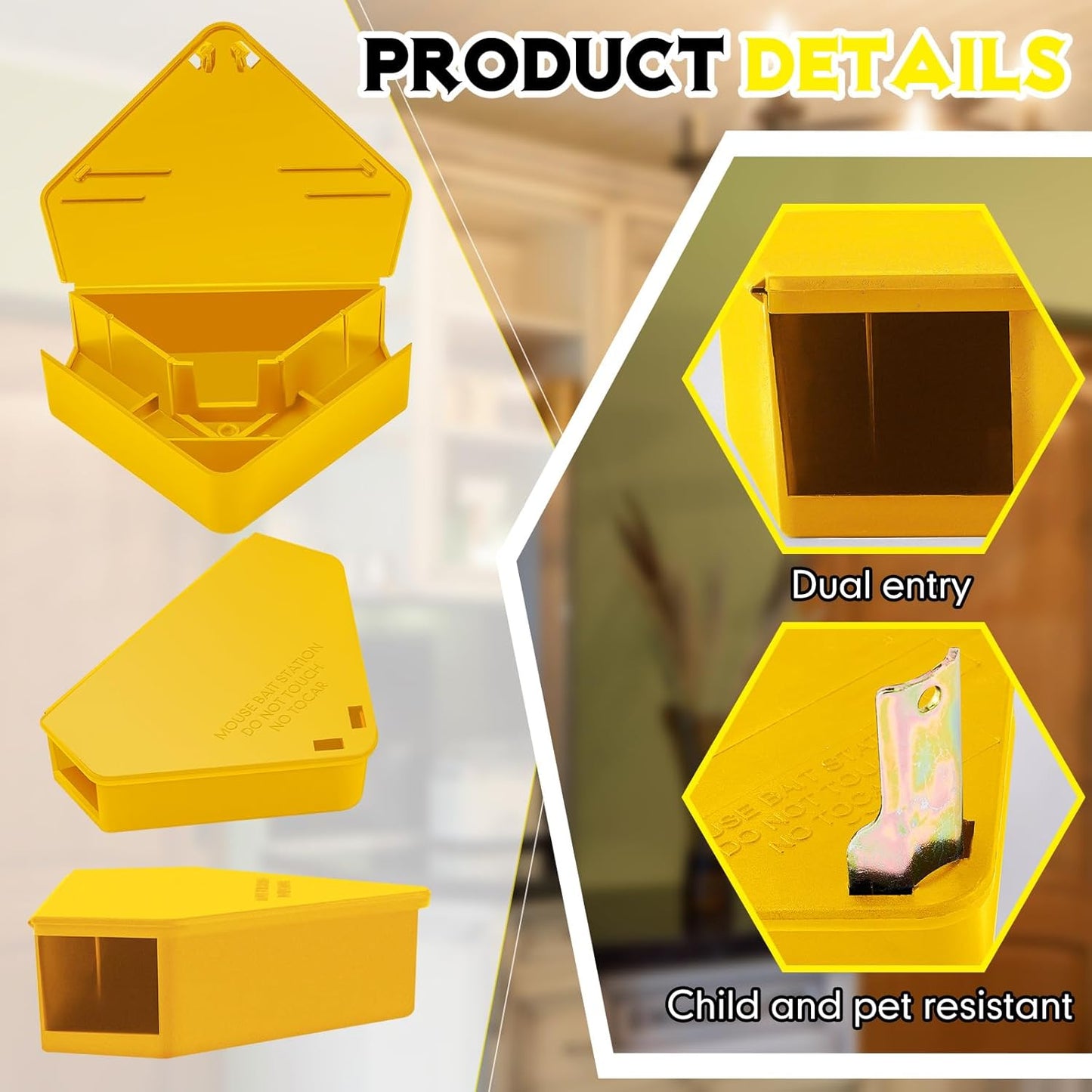 Qualirey 36 Pcs Mice Station with Key Triangle Bait Station Reusable Rodent Trap Bait Box, Keeps Children and Pets Safe Indoor & Outdoor, Bait Not Included, Suitable for Small Mice (Yellow)