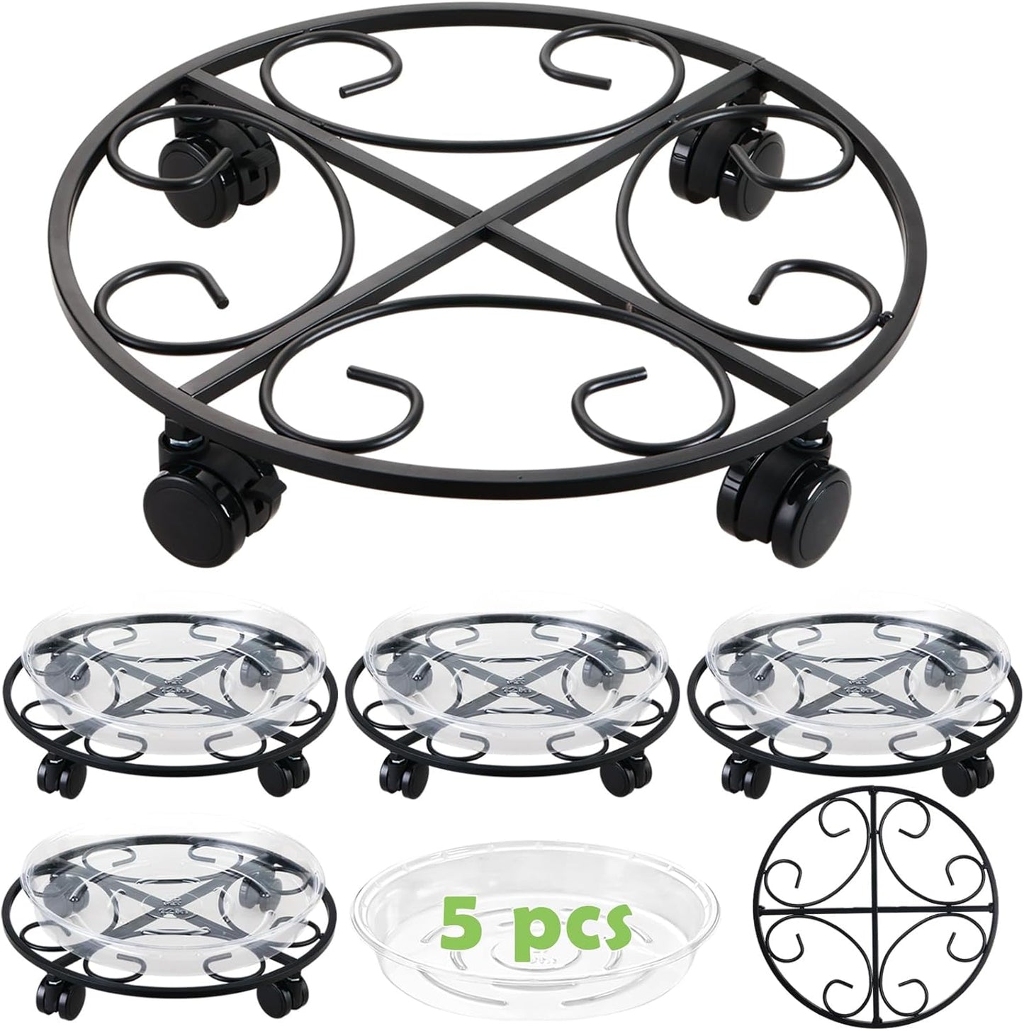 13.5" Metal Plant Caddy with Wheels 5 Packs Large Rolling Plant Stands Indoor Wheeled Plant Dolly Heavy-duty Planter Mover Roller Base Outdoor Plant Trolley Cart Water-proof, Plant Saucers on Wheels