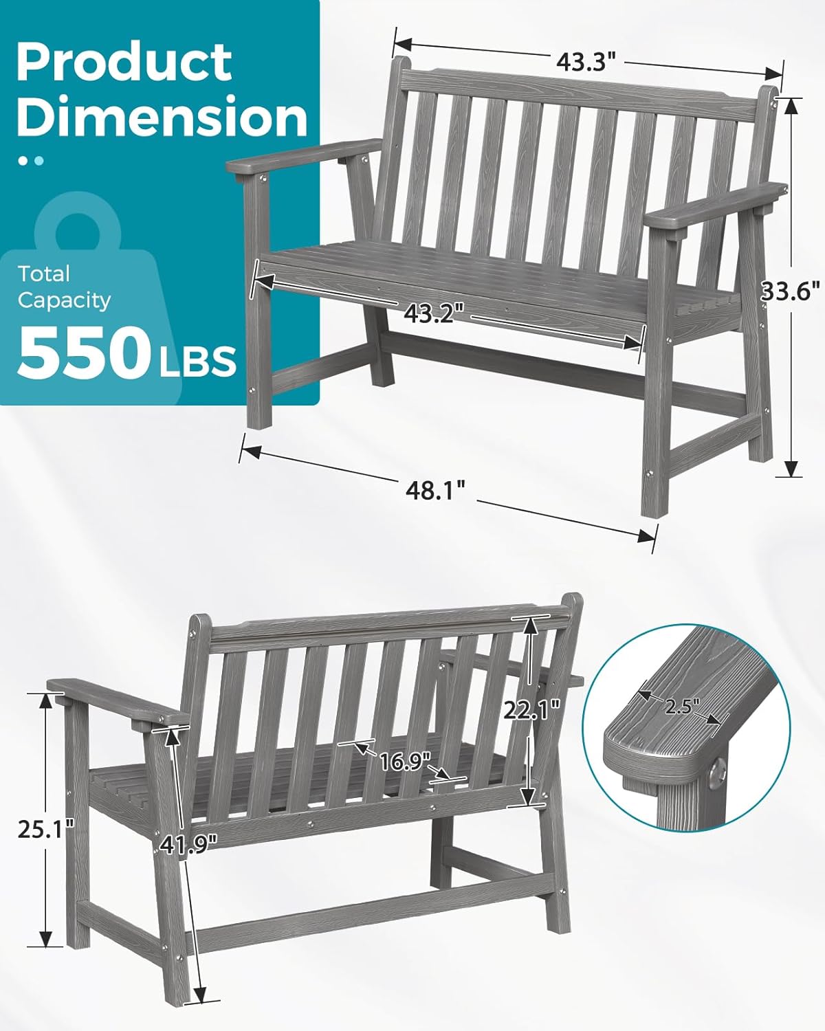 Outdoor Bench, 2-Person HDPE Garden Bench, All Weather Poly Patio Bench for Outdoors, Garden, Backyard, Porch and Park, 550 lbs Weight Capacity, Grey, 2 Pack