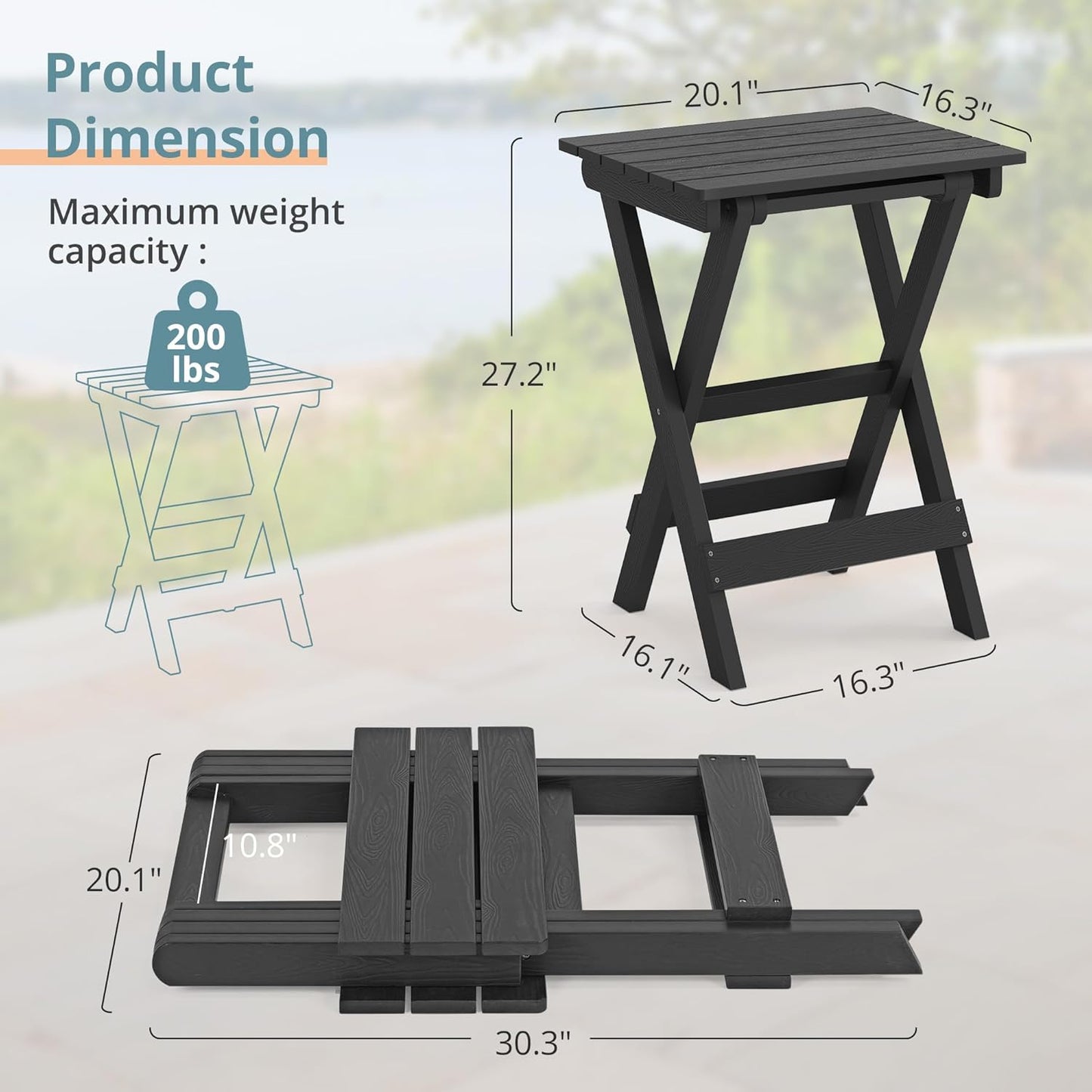 LUE BONA 27 inch Folding Side Table, HDPS Outside End Table for Patio, Porch, Deck, Pool, Weather Resistant, Black