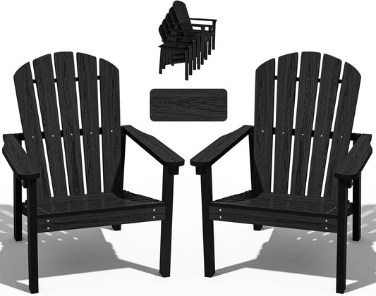 Stackable Adirondack Chair Set of 2, HDPE Outdoor Patio Chair - Durable and Space Saving, Suitable for Porches, Lawns or Garden, Black