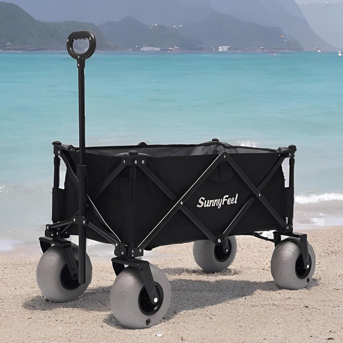 SUNNYFEEL 41''L 550lbs Heavy Duty Beach Wagon with 9" Balloon Tires, 200L Fold Up Wagon Cart Foldable with Side Pocket and Brakes for Camping Sports Garden Shopping (Black)