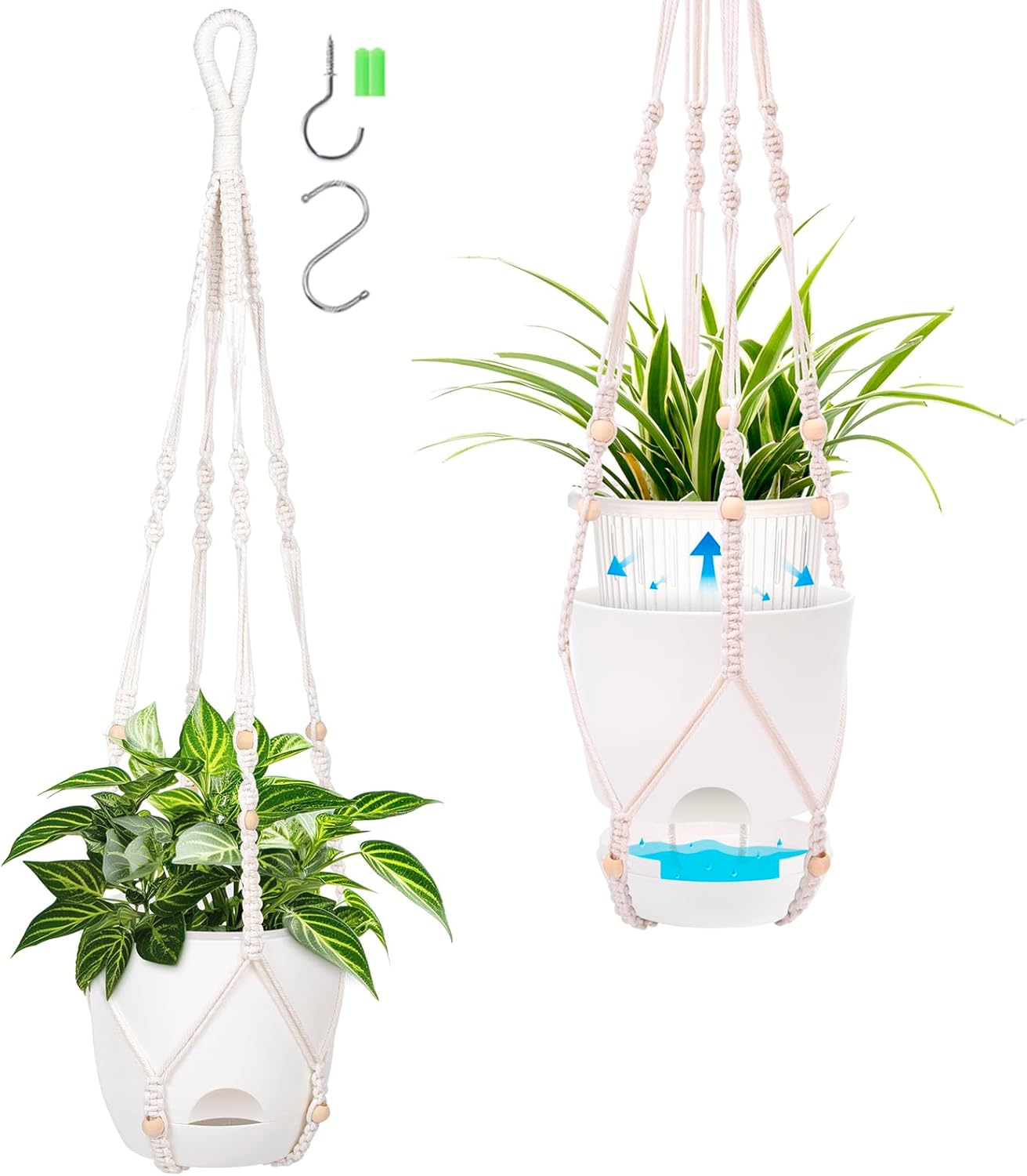 2-Pack 7.1-Inch Self-Watering Hanging Planters for Indoor & Outdoor Plants,34Inch Macrame Hanger Plant Pots Indoor with Drainage,Small Hanging Planters & Baskets,With Two Sets of Hooks（Pure white）