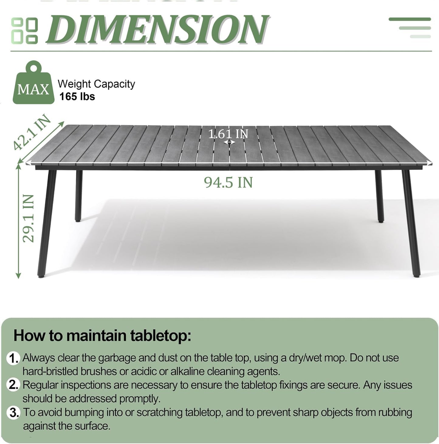 Outdoor Dining Table for 8-10, 94.5 inch Patio Dining Table with Wooden-Like Top and Aluminum Frame, Rectangular Table with Umbrella Hole Outdoor Furniture, Grey