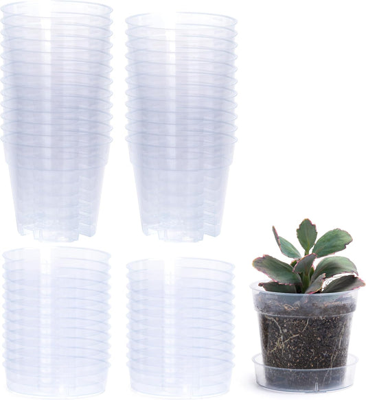 4 Inch Clear Plastic Plant Pot with Drainage Holes, Interlocking & Detachable Tray - Deep Saucer - Durable BPA-Free Plastic, Transparent Design, Raised Base for Airflow, Set of 24, 92-X-C-2