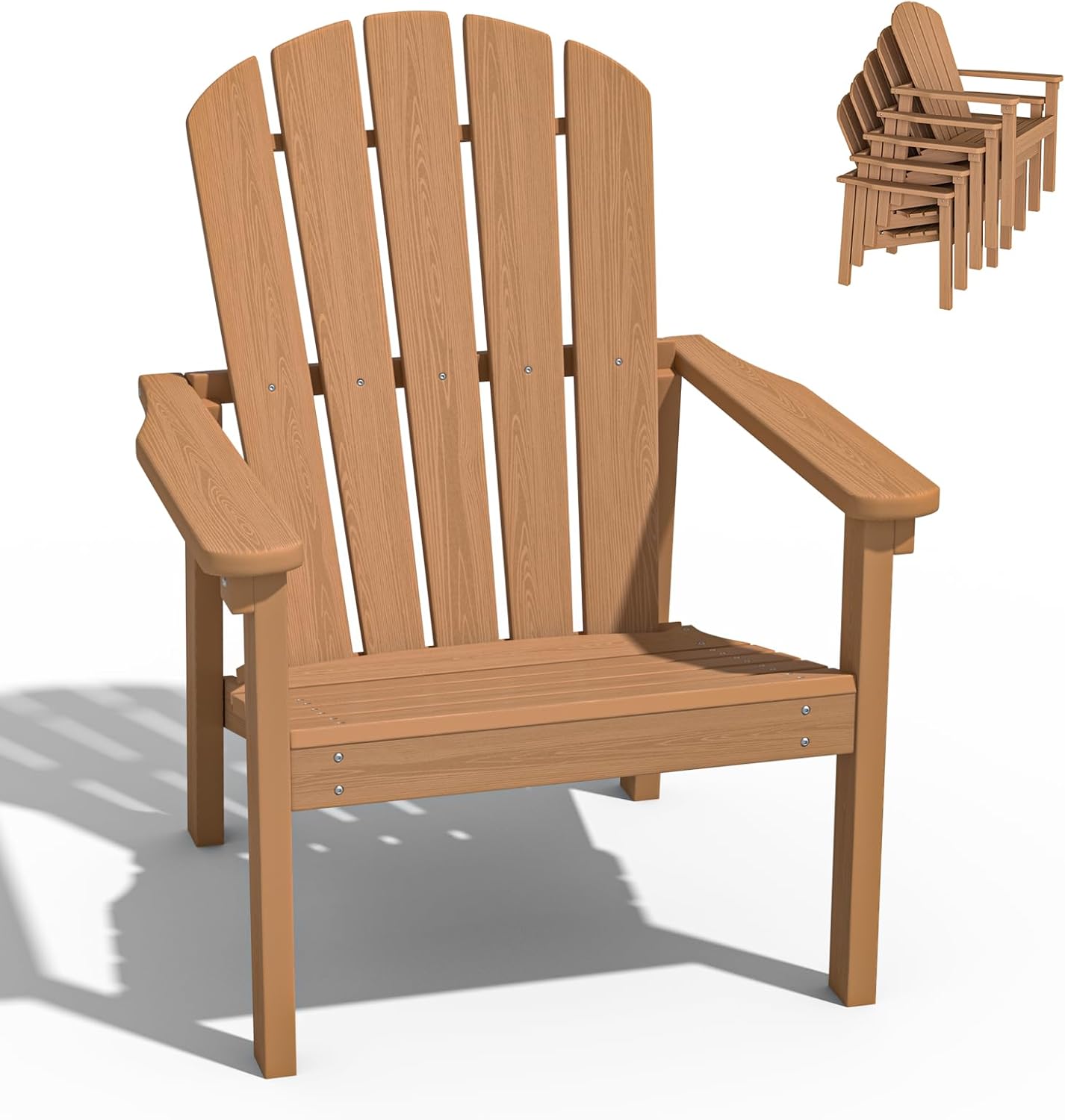 Stackable Adirondack Chair, HDPE Outdoor Patio Chair - Durable and Space Saving, Suitable for Porches, Lawns or Garden, Teak