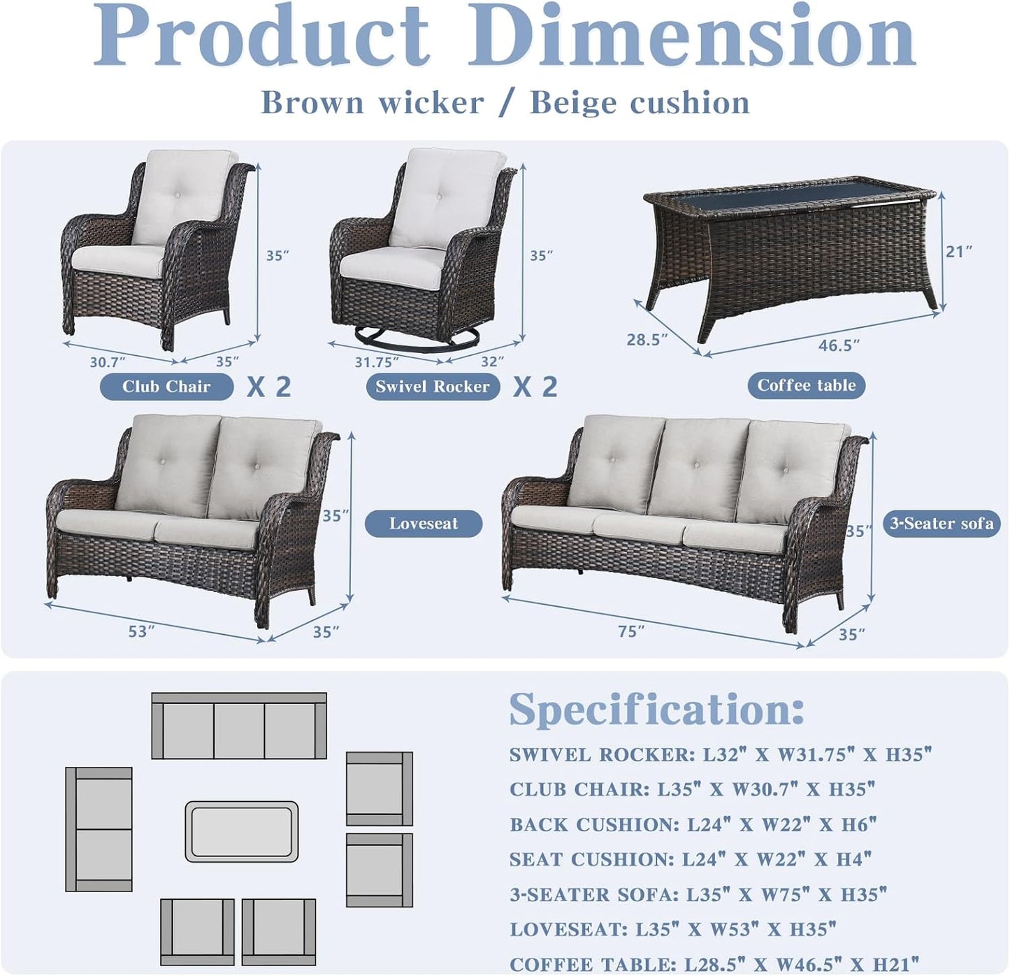 Outdoor Wicker Furniture Patio Set - 7 Piece Backyard Furniture Brown Rattan Conversation Sets with Swivel Rocker Chairs, Rattan Sofa, Club Chairs and Coffee Table, Beige Cushion
