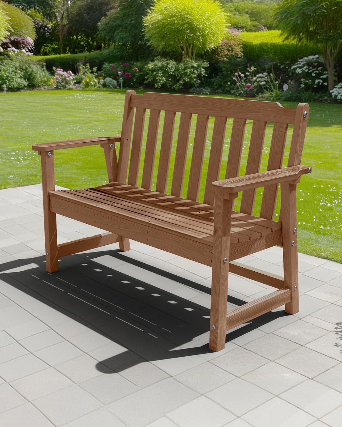 Outdoor Bench, 2-Person HDPE Garden Bench, All Weather Poly Patio Bench for Outdoors, Garden, Backyard, Porch and Park, 660 lbs Weight Capacity, Teak, 2 Pack