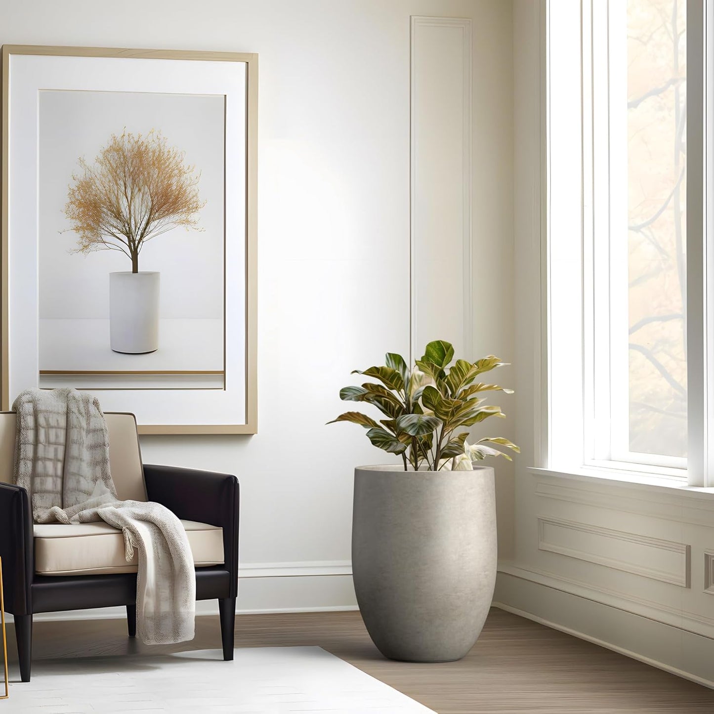 Kante 21.7" H Stone Gray Concrete Tall Planter, Large Decorative Garden Pot with Drainage Hole and Rubber Plug for Outdoor Indoor Plants, Modern Round Style for Home and Garden