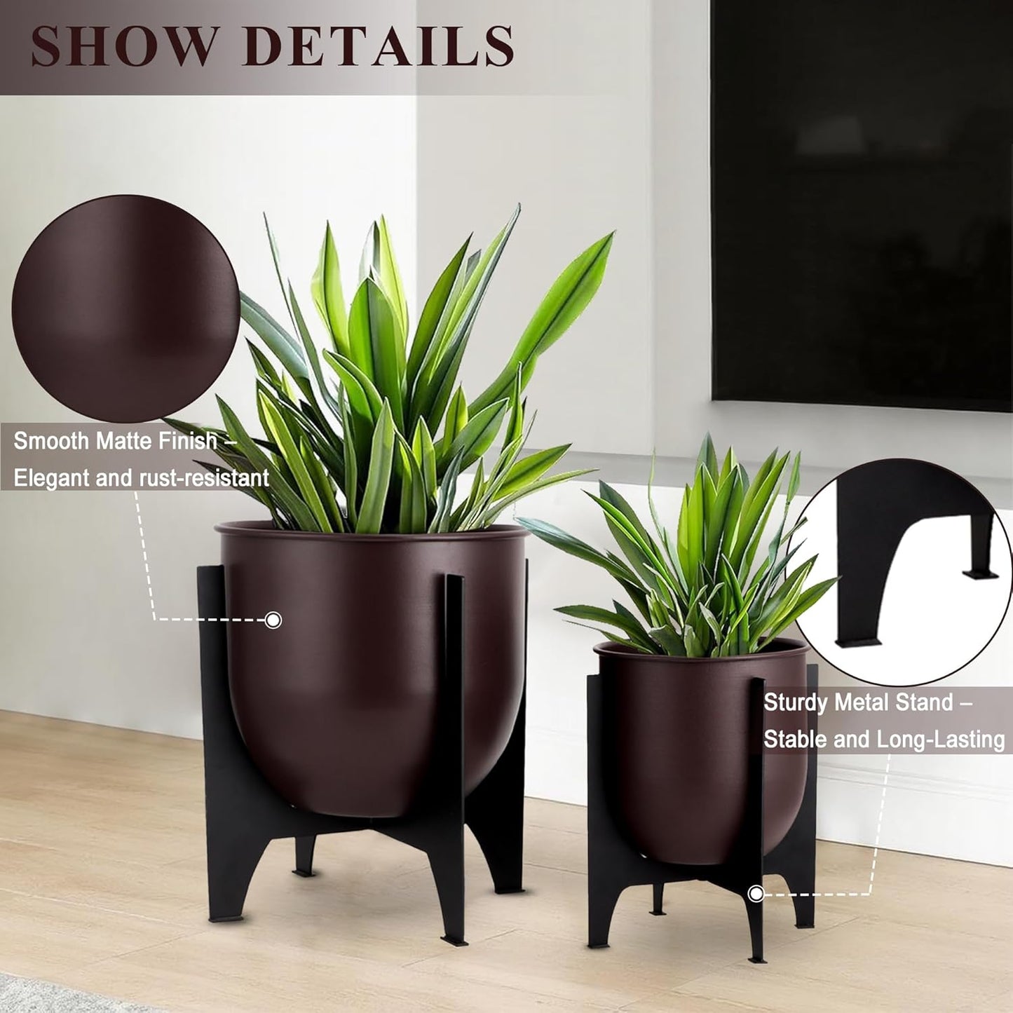 TRIROCKS Set of 2 Planters with Stand Indoor Outdoor Metal Plant Stand 11 &8.5" H Modern Planters Flower Pots for Living Room Corner Kitchen Office Garden Balcony Patio Decor