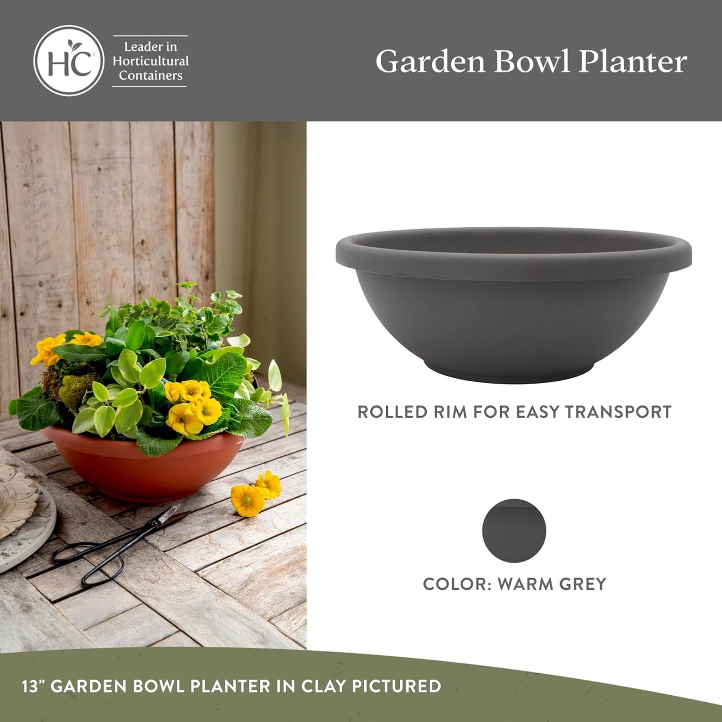The HC Companies Shallow Planter with Drainage - Contemporary Garden Bowl Planter for Flowers, Herbs & More - Round Succulent Planter Pot for Indoors and Outdoors (13" Warm Gray, Pack of 2)