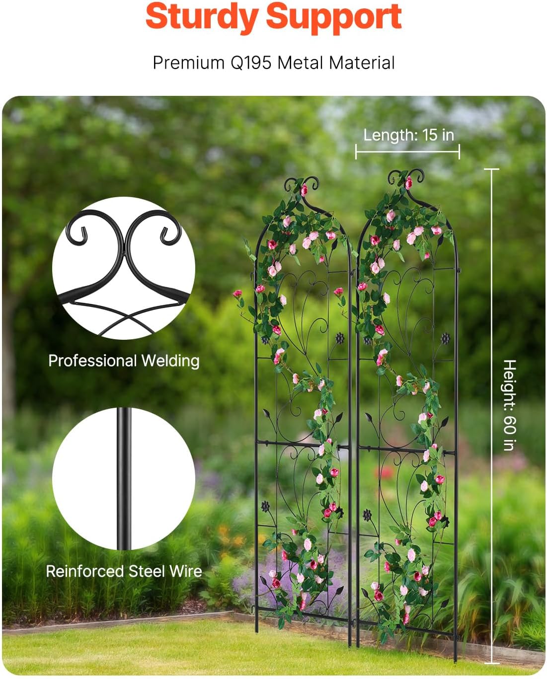 VEVOR Garden Trellis for Climbing Plants, 60 x 15 in, 2 Packs Rustproof Metal Garden Flower Trellis, Outdoor Climbing Rose Trellis Cucumbers Support, Decorative Clematis Trellis for Courtyards Lawns