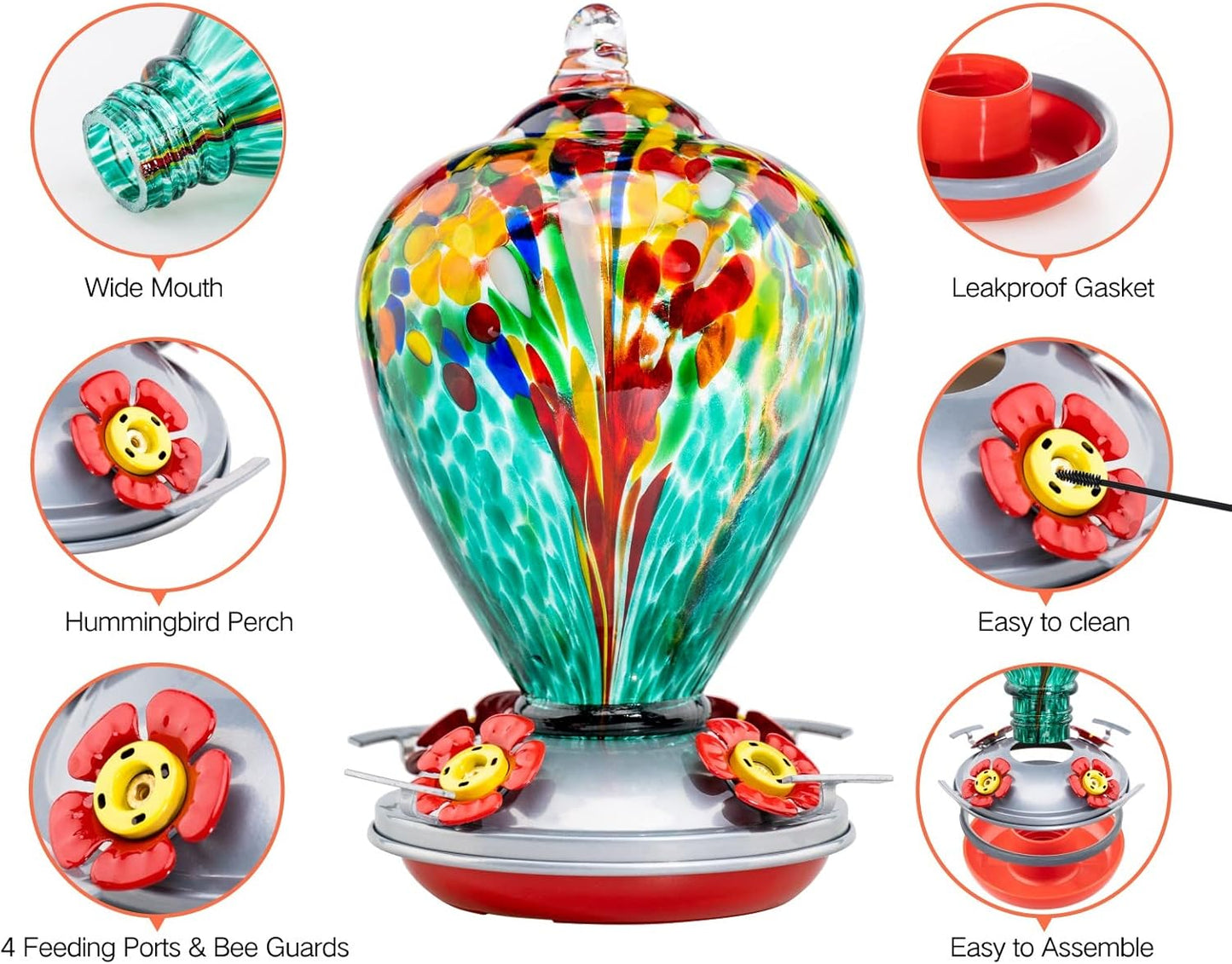 Muse Garden Hummingbird Feeders for Outdoors Hanging, Blown Glass Hummingbird Feeder, Gifts for Mom, Garden Decor for Outside, Unique Gifts Idea for Women, 34 Ounces, Turquoise Fireworks