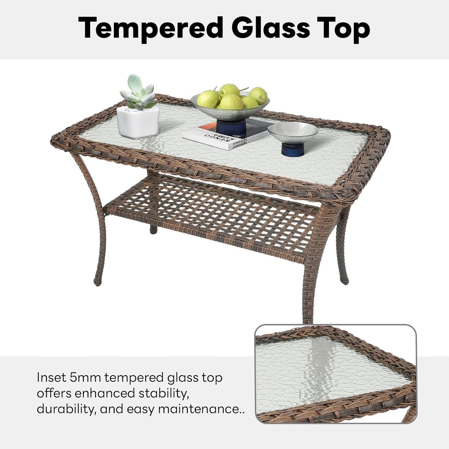 38 Inch Outdoor Coffee Table with 2 Tier Storage - Wicker Coffee Table with Water Ripple Texture Tempered Glass Top, All Weather Patio Coffee Table for Deck Porch Balcony Garden Brown