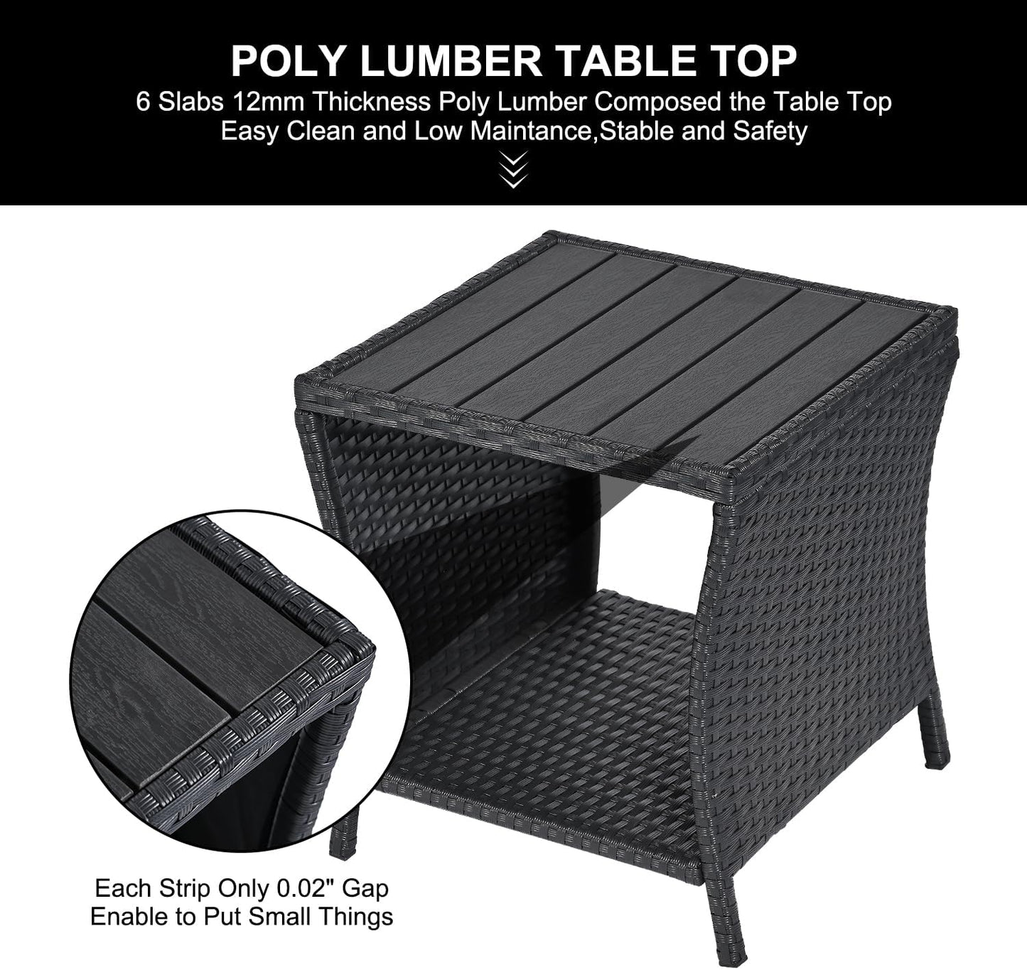 Outdoor Side Table Small Outdoor End Table for Patio Black Wicker Rattan Coffee Table with Storage & Poly Lumber Table Top Square for Outside Balcony Porch Backyard Deck