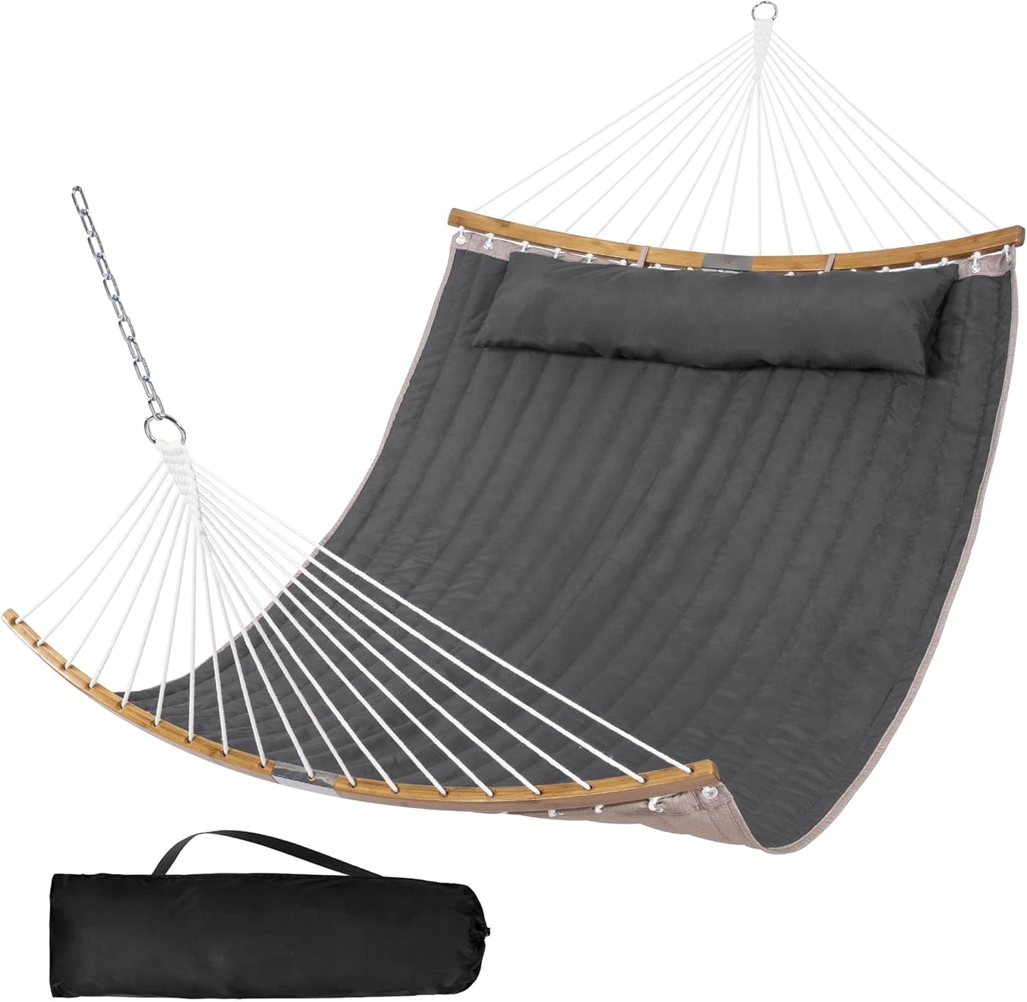 SUNCREAT Portable Double Hammock with Curved Spreader Bar, 450 lbs Capacity, Heavy Duty Outdoor Hammock with Outer Bag, Dark Gray