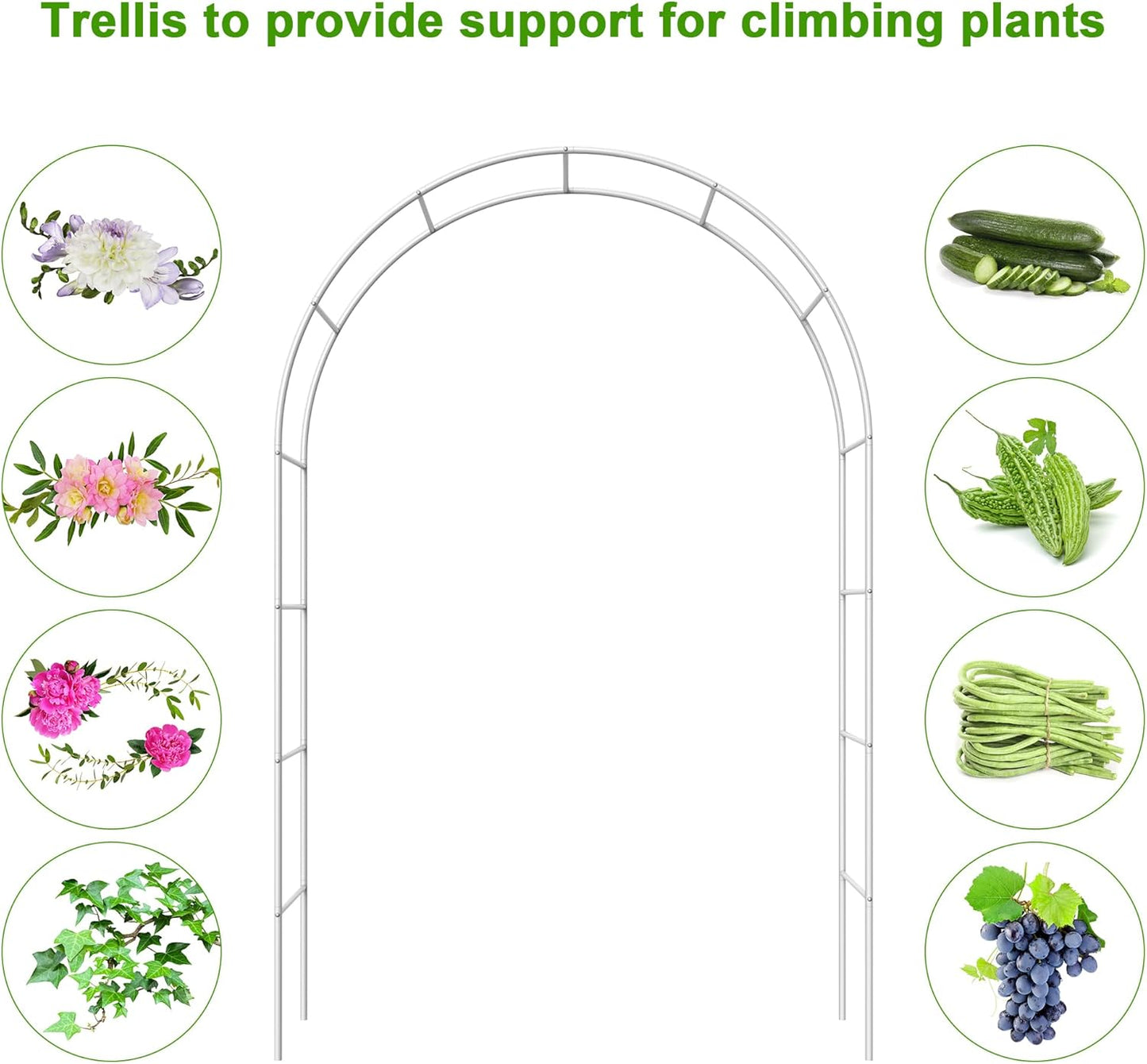 Metal Garden Arch Trellis Arbor, Wedding Arch Stand with Steel Frame,5.3'W * 7.6'H or 7.9'W * 6.3'H Ft,for Garden Arbor Trellis & Climbing Plant, Bridal Party & Ceremony Decorations (White)
