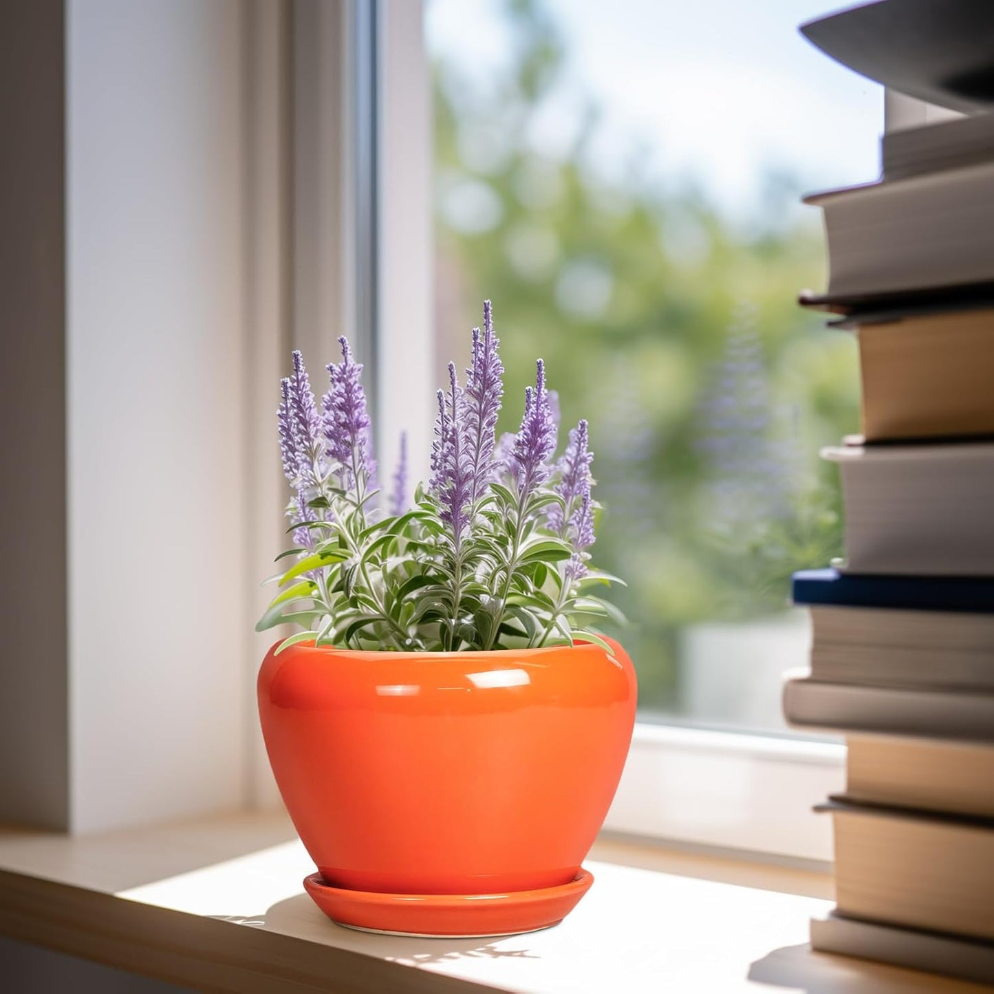 Ceramic Plant Pot 6 Inch - Ceramic Planter for Indoor Plants Outdoor, Glaze Round Modern Flower Pot with Drainage Hole and Saucer, Gift for Plant Lover, Home Garden Room Decor, Orange