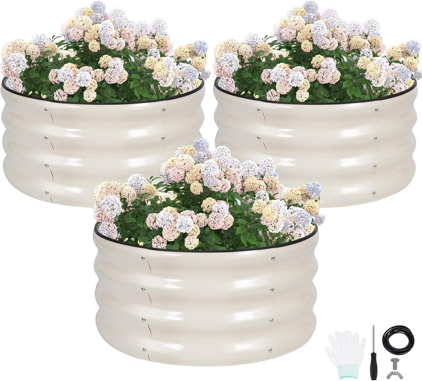 G GOOD GAIN Round Raised Garden Bed - 3Pcs 2x2x1ft Galvanized Steel Planter Boxes Outdoor with Rubber Edge Trim | Metal Raised Beds for Gardening Vegetables Flowers Fruits Herbs (White)