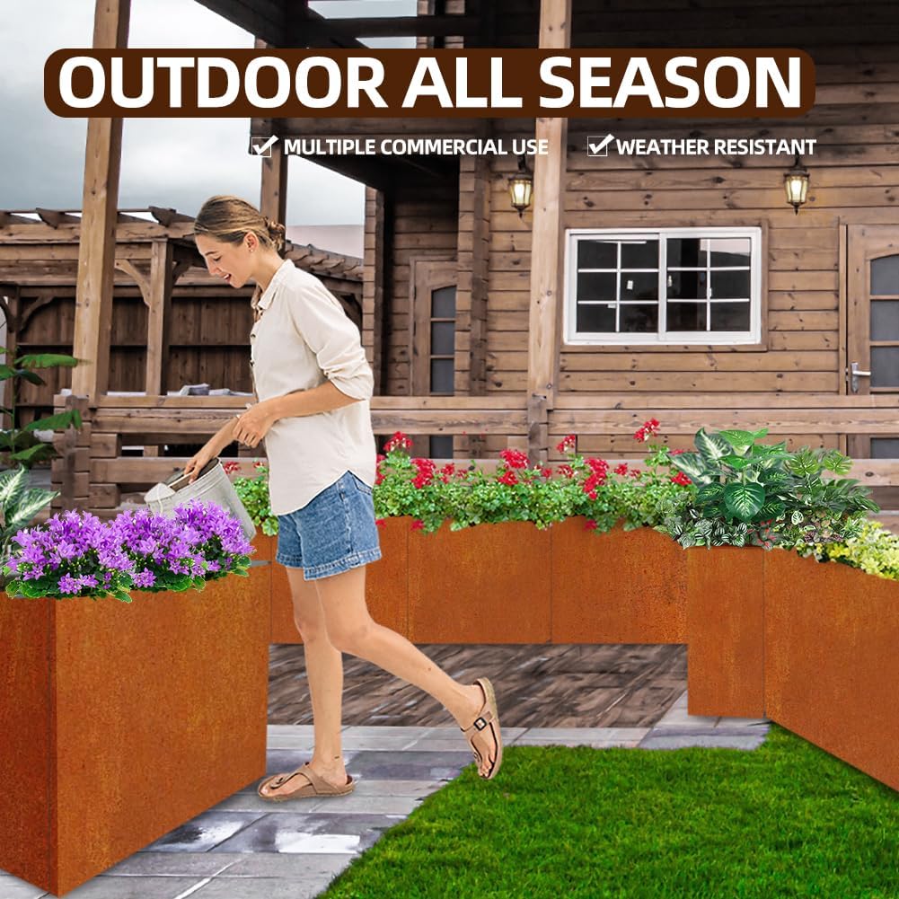 Metal Tall Long Planter Box Large Rectangular Planter Flower Pot with Drainage Holes for Indoor Outdoor Deck Porch Garden Home Patio Front Door (Rusty Orange, M)