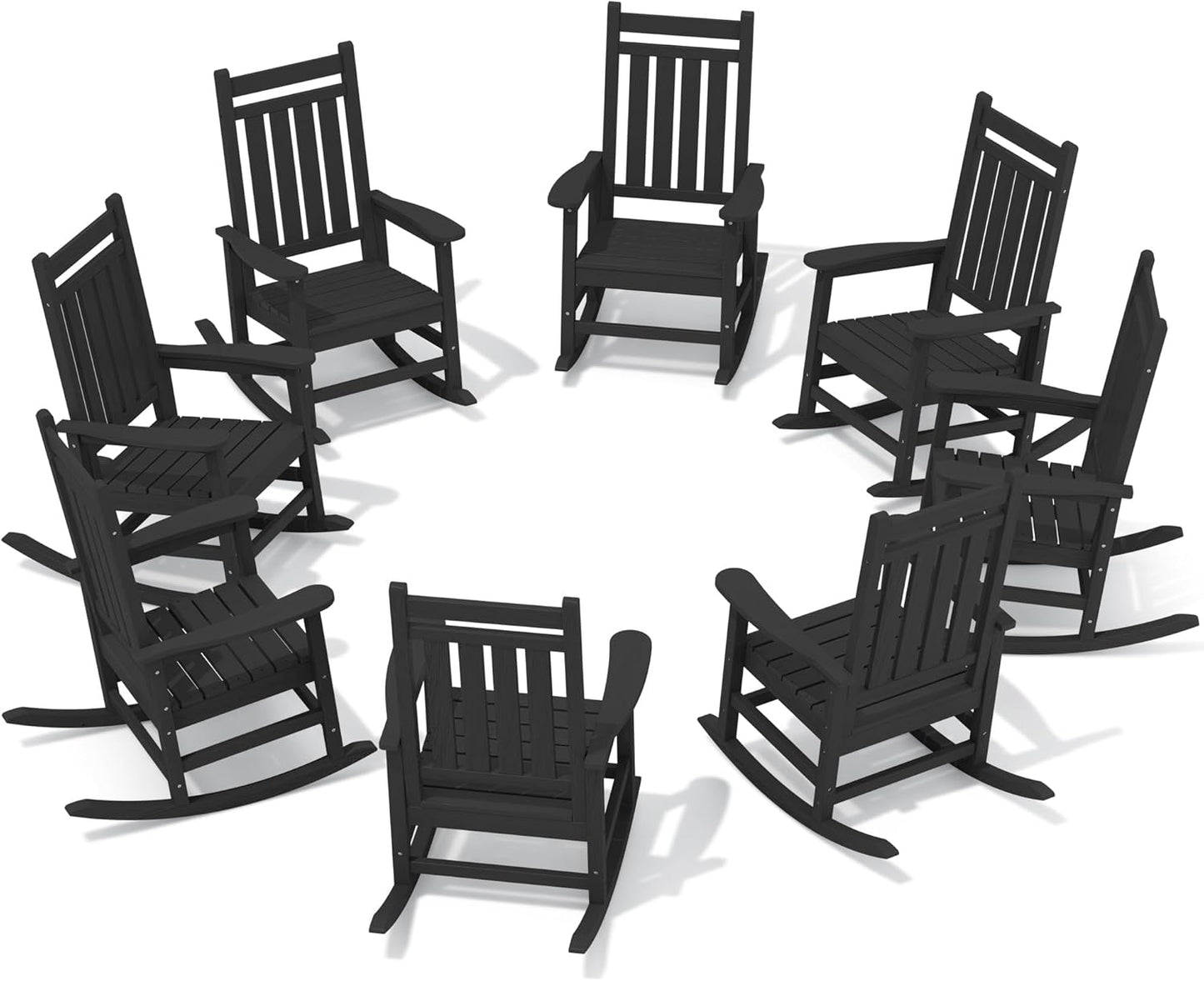 SERWALL HDPE Outdoor Rocking Chair Set of 8, Patio Rocking Chairs for Adults, All Weather Outdoor Rockers for Lawn, Black