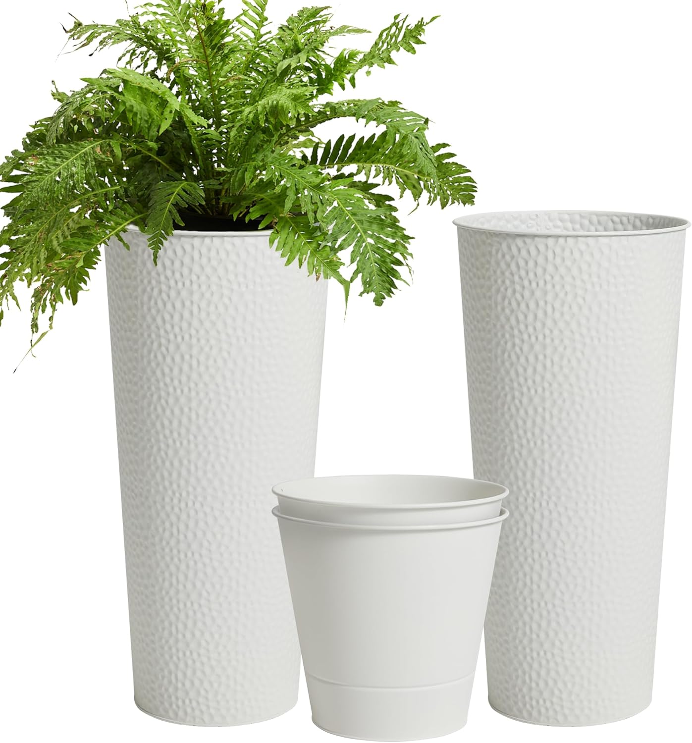 Worth Garden 2-Pack 25" H. Metal Planter with 2X Inside Pots - Hand-Hammered Texture Tall Tapered Plant Pots - Large Handcrafted Flower Pot for Indoor Outdoor, Deck, Patio, Front Porch (White)