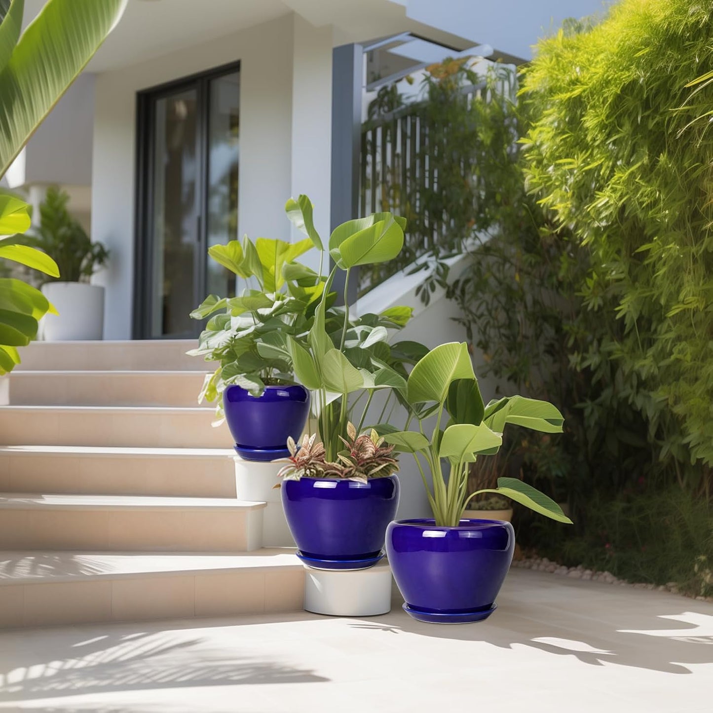 Flower Pots for Indoor Plants- Ceramic Pots for Plants 10 Inch 8 Inch 6 Inch Plant Pots with Drainage Holes and Saucers Decorative Large Planters for Outdoor Plants Set of 3 Blue