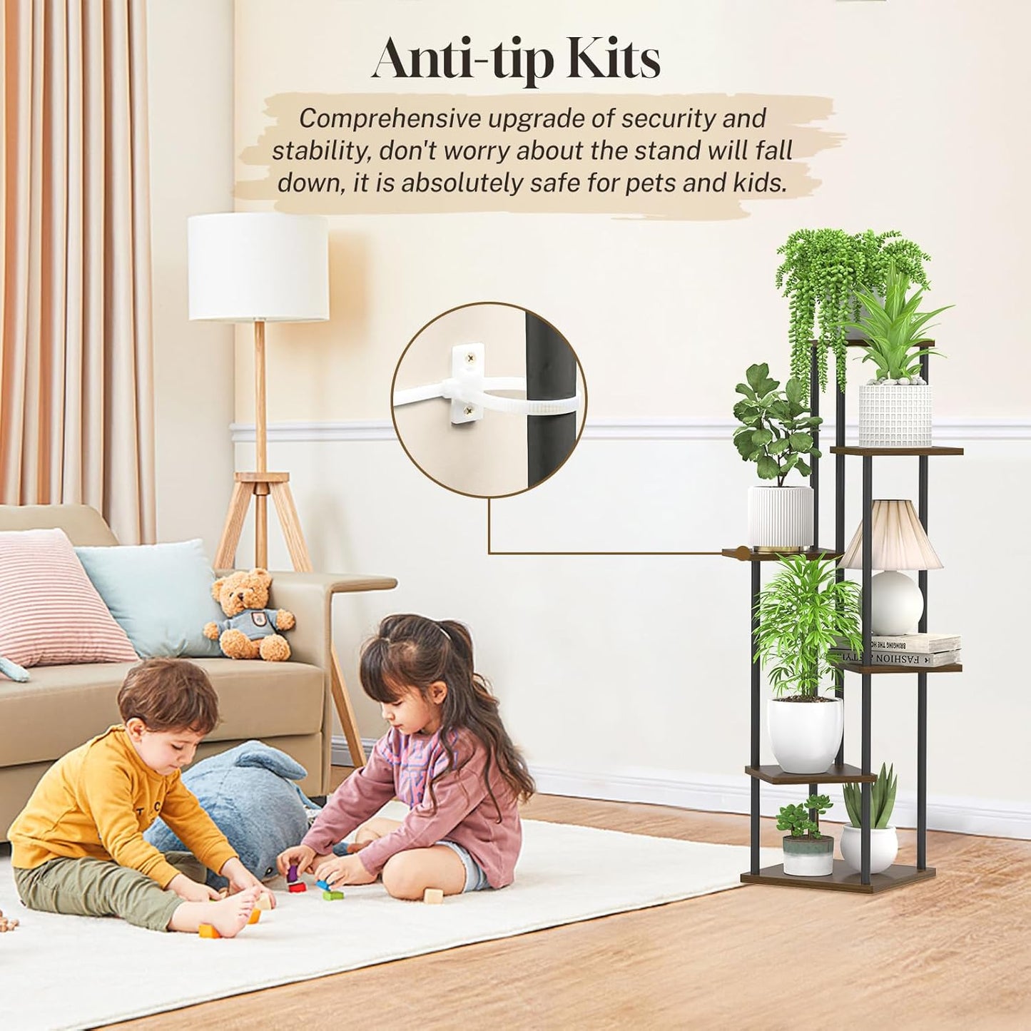 6 Tier Plant Stand Indoor, Tall Metal Wood Muti-Level Planter Shelf Holder, Sturdy Large Vertical Corner Orchid Flower Pot Display Rack for Narrow House Decor Office Living Room Bedroom, Oak