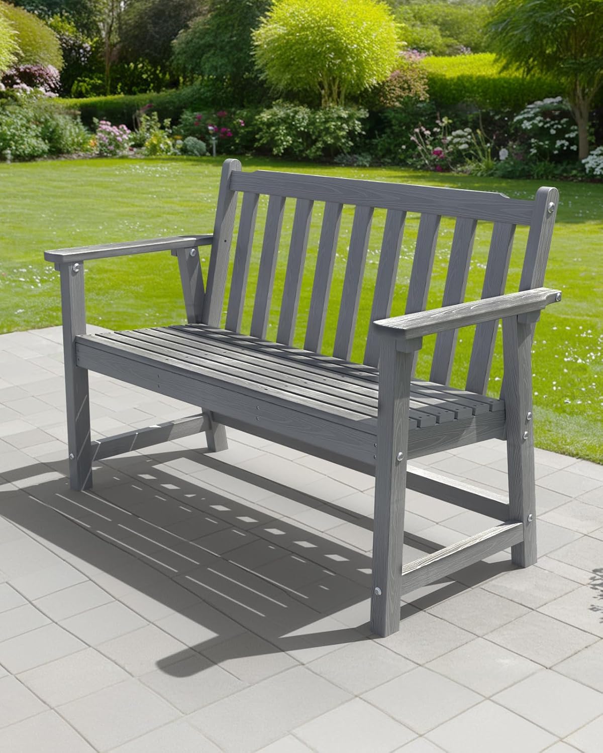 Outdoor Bench, 2-Person HDPE Garden Bench, All Weather Poly Patio Bench for Outdoors, Garden, Backyard, Porch and Park, 550 lbs Weight Capacity, Grey, 2 Pack