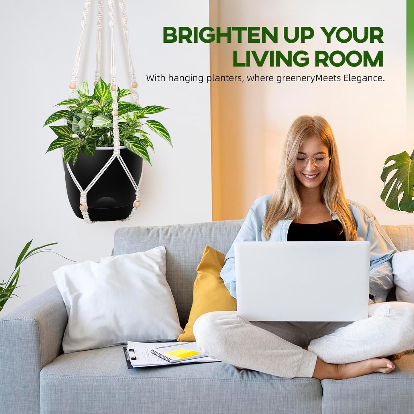 2-Pack 7.1-Inch Self-Watering Hanging Planters for Indoor & Outdoor Plants,34Inch Macrame Hanger Plant Pots Indoor with Drainage,Small Hanging Planters & Baskets,With Two Sets of Hooks（Pure black）