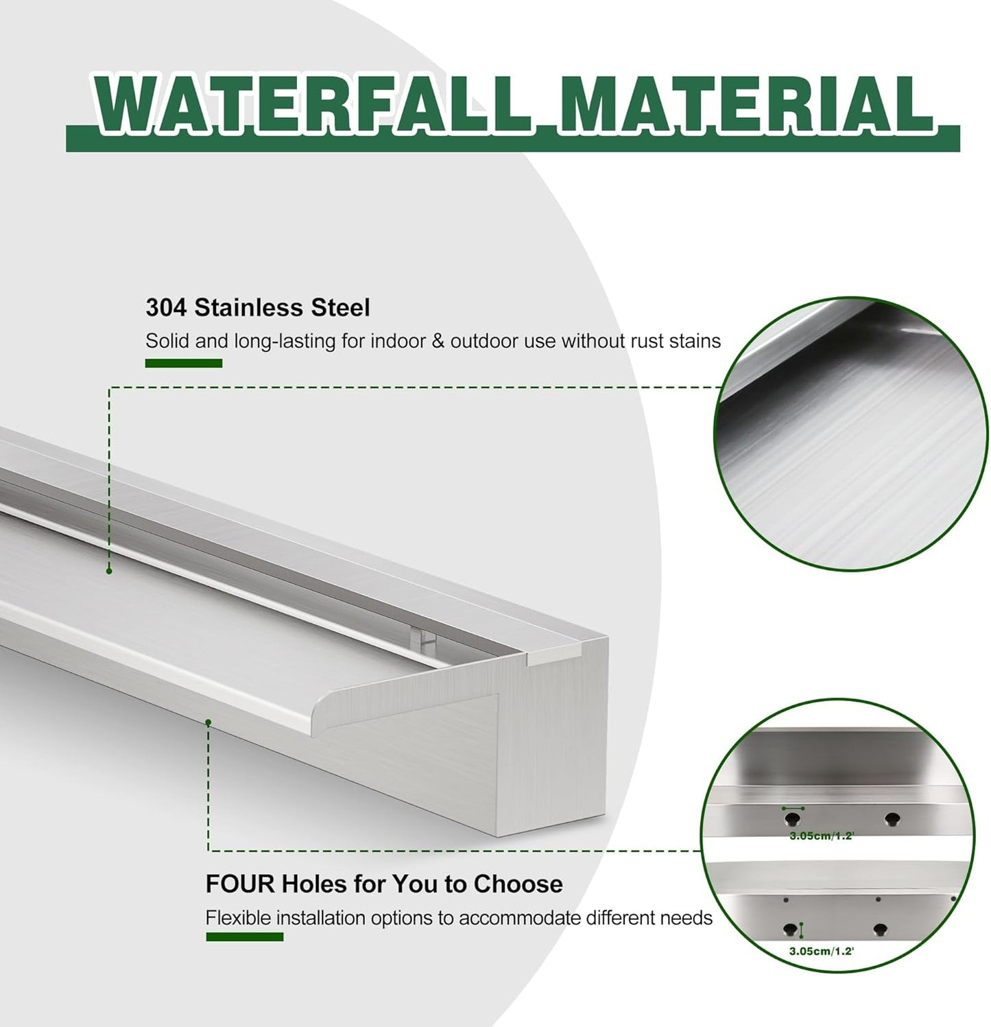 Waterfall Pool Fountain, LONGRUNNEW Stainless Steel Waterfall Spillway with Pipe Connector Kits for Outdoor/Indoor Decorative, 35.4 Inches Pool Water Feature for Garden Patio, Backyard Koi Pond Decor