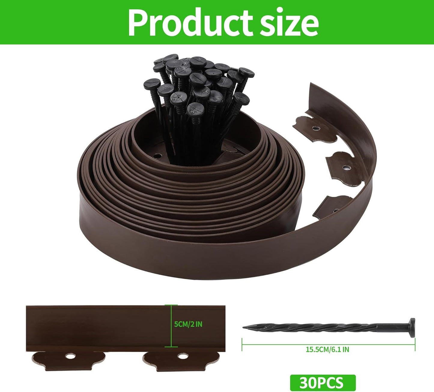 2" x 33FT Landscape Edging Kit, Garden Edging Coil Comes with 30 Pcs Spikes, No Dig Lawn Border Design, Brown