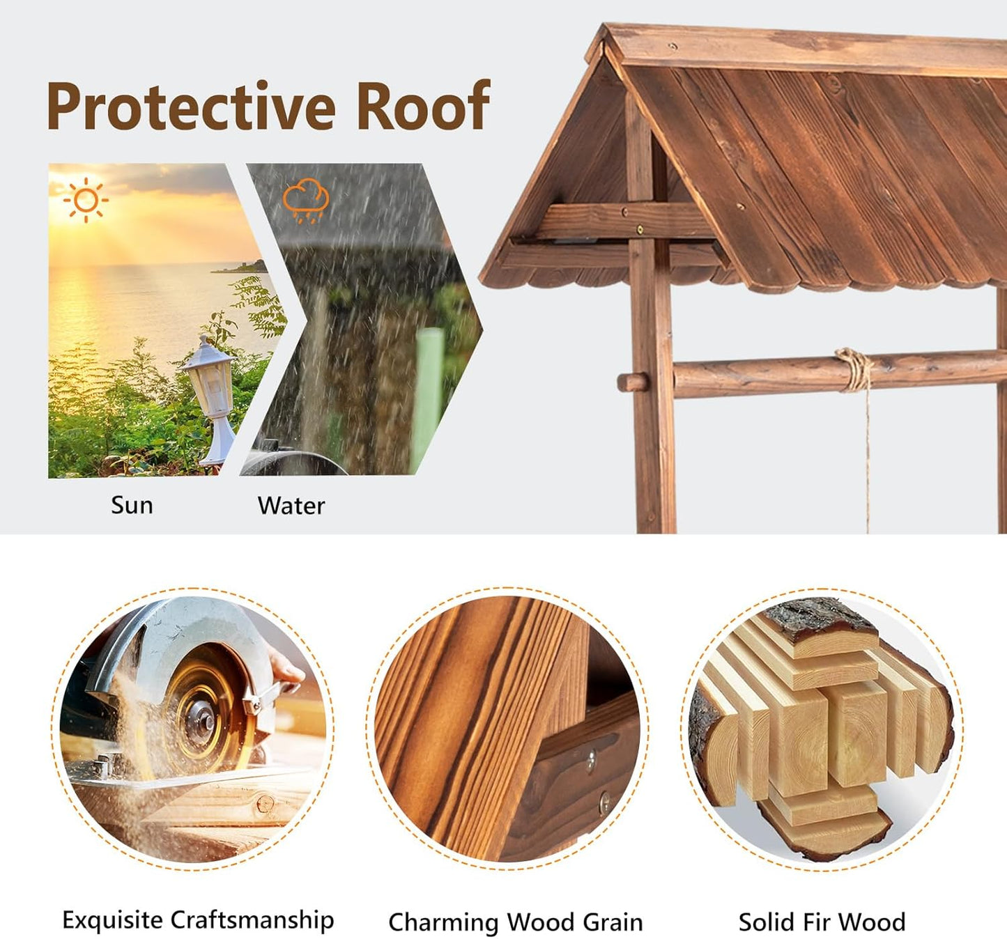 VINGLI Wooden Wishing Well Outdoor Planters, Well Covers for Yard with 4 Reinforced Rods, Height Adjustable Hanging Bucket, Rustic Flower Pot Home Decor for Outside Patio Garden