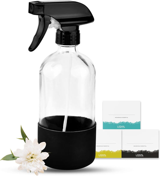 16oz Empty Glass Spray Bottle with Silicone Sleeve Protection - Refillable Containers for Cleaning Solutions, Essential Oils, Misting Plants - Including 2 Sprayers (Clear, 1 PACK)