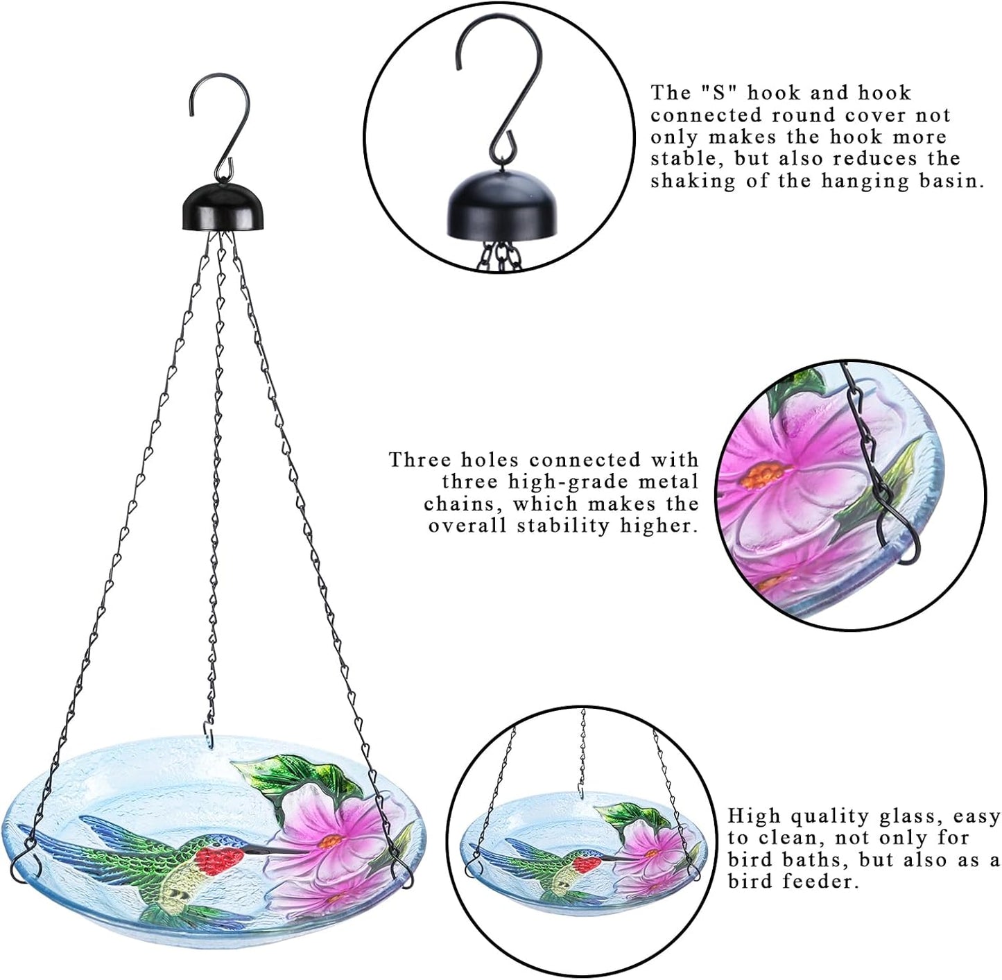 VCUTEKA Glass Hanging Bird Bath for Outdoors, BirdBaths with 21-Inch Rust-Proof Chain, Garden Yard Decor, Hummingbird Pattern