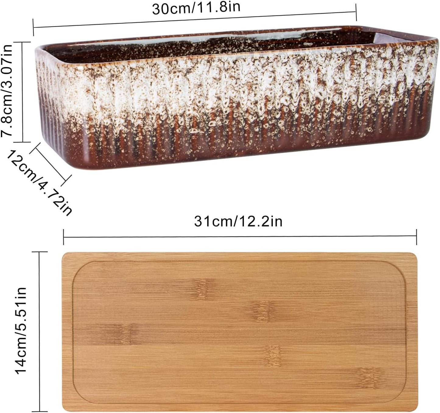 Succulent Pots - 12 Inch Large Succulent Planters with Drainage Tray, Window Sill Planter, Long Rectangle Ceramic Pots for Indoor Cactus Plants Shallow Bonsai Window Box for Home Garden Decor