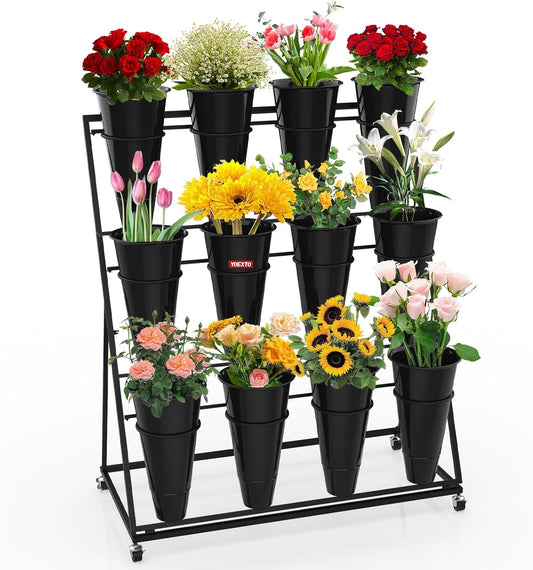 Flower Display Stand 3 Layers with 12 PCS Round Buckets, Plant Stand with Wheels, Movable Metal Plant Stand for Terrace Garden, Florist Shop