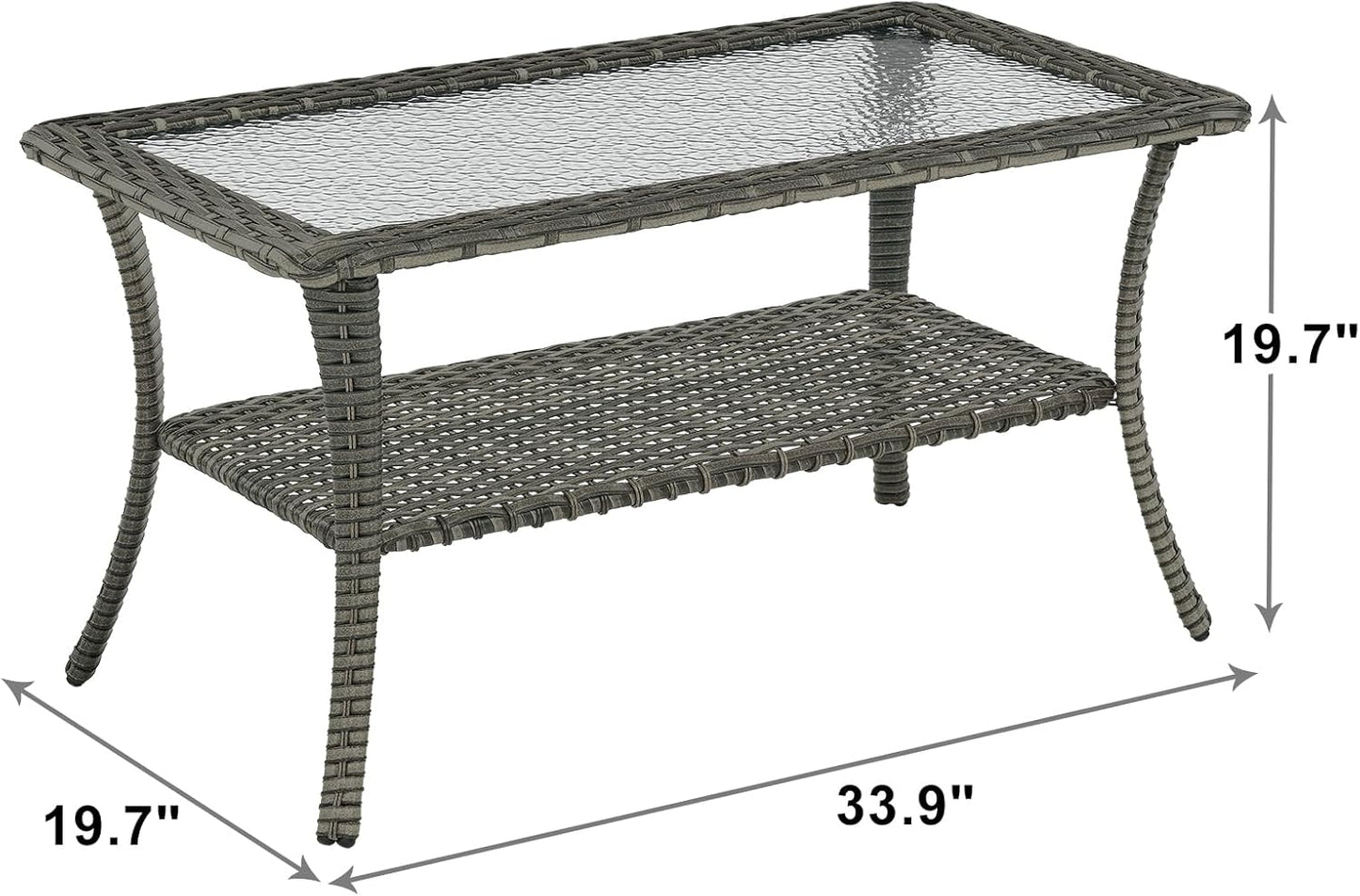Patio Tables Outdoor Coffee Table - Wicker Rattan Coffee Tables with 2-Tier Storage Shelf Glass Top for Outside Proch Deck Balcony Garden Rectangle Mixed Grey