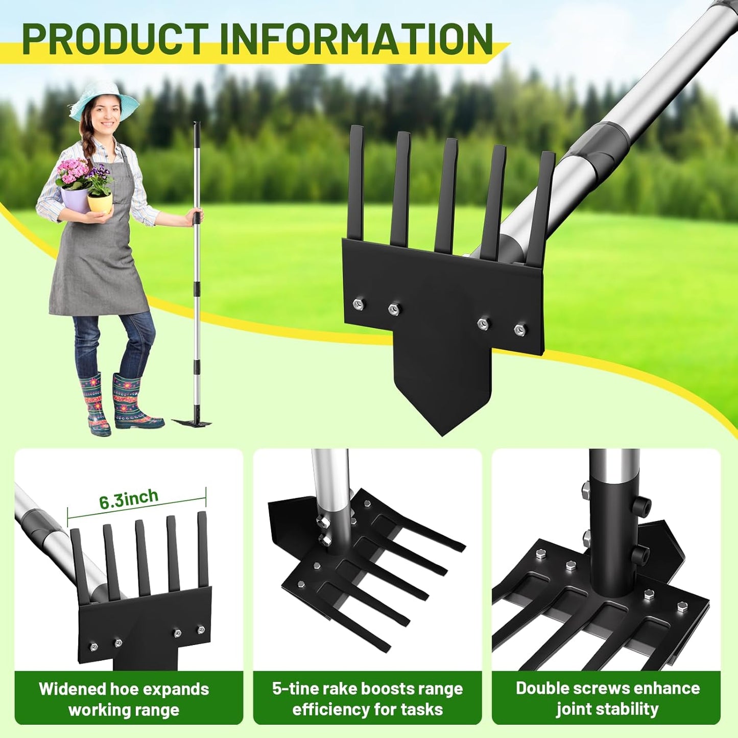 2-in-1 Heavy-Duty Weed Puller Tool with 5-Tine Rake – 30" to 60" Adjustable Handle, Hoes for Gardening, Hoe Garden Tools for Loosening Soil, Planting, Weeding