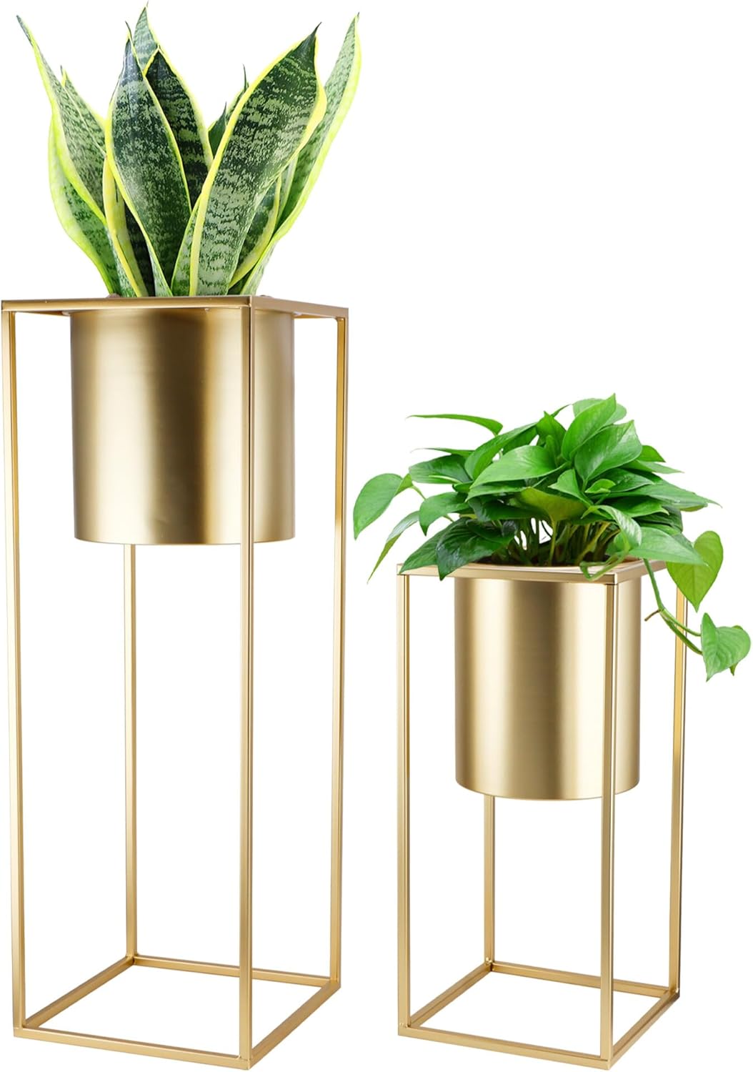 TRIROCKS Set of 2 Large Planters with Stand Gold Planter for Indoor Plants 28 &18" H Morden Plant Pots for Living Room Corner Kitchen Office Garden Balcony Patio Decor(Gold)