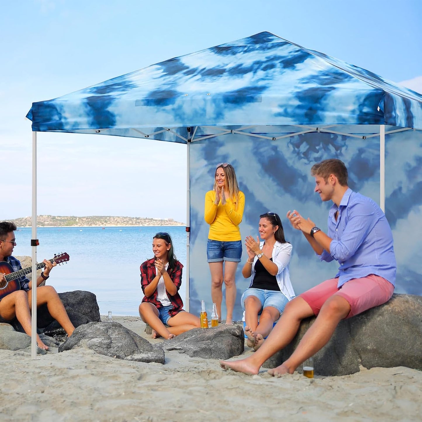 EAGLE PEAK Pop Up Canopy Tent with 1 Sidewall, Easy Setup Event Tent, Outdoor Sun Shade, Wheeled Carry Bag, Stakes and Guy Ropes, Instant Canopy 10x10, Tie Dye Blue