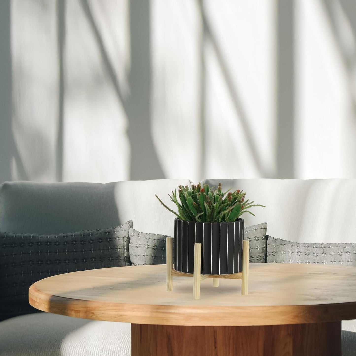 Ceramic Planter with Pine Wood Stand – Plant Pot – Durable Stoneware Planter for Indoor Outdoor Use – Modern Minimalist Plant Holder for Home Decor, Living Room, Garden, Balcony – 9", Black Fluted