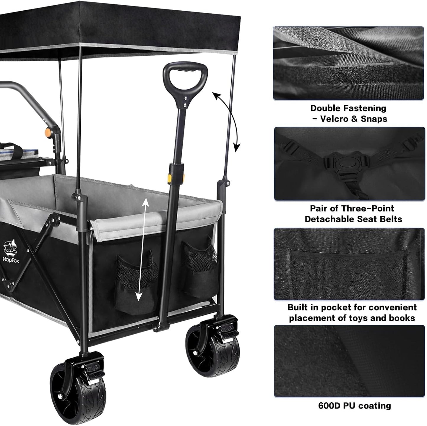 Collapsible Wagon Foldable Wagon Cart with Removable Canopy, Adjustable Push Pulling Handles,Cooler Bag Utility Carts for Shopping, Picnic, Camping,Black Grey