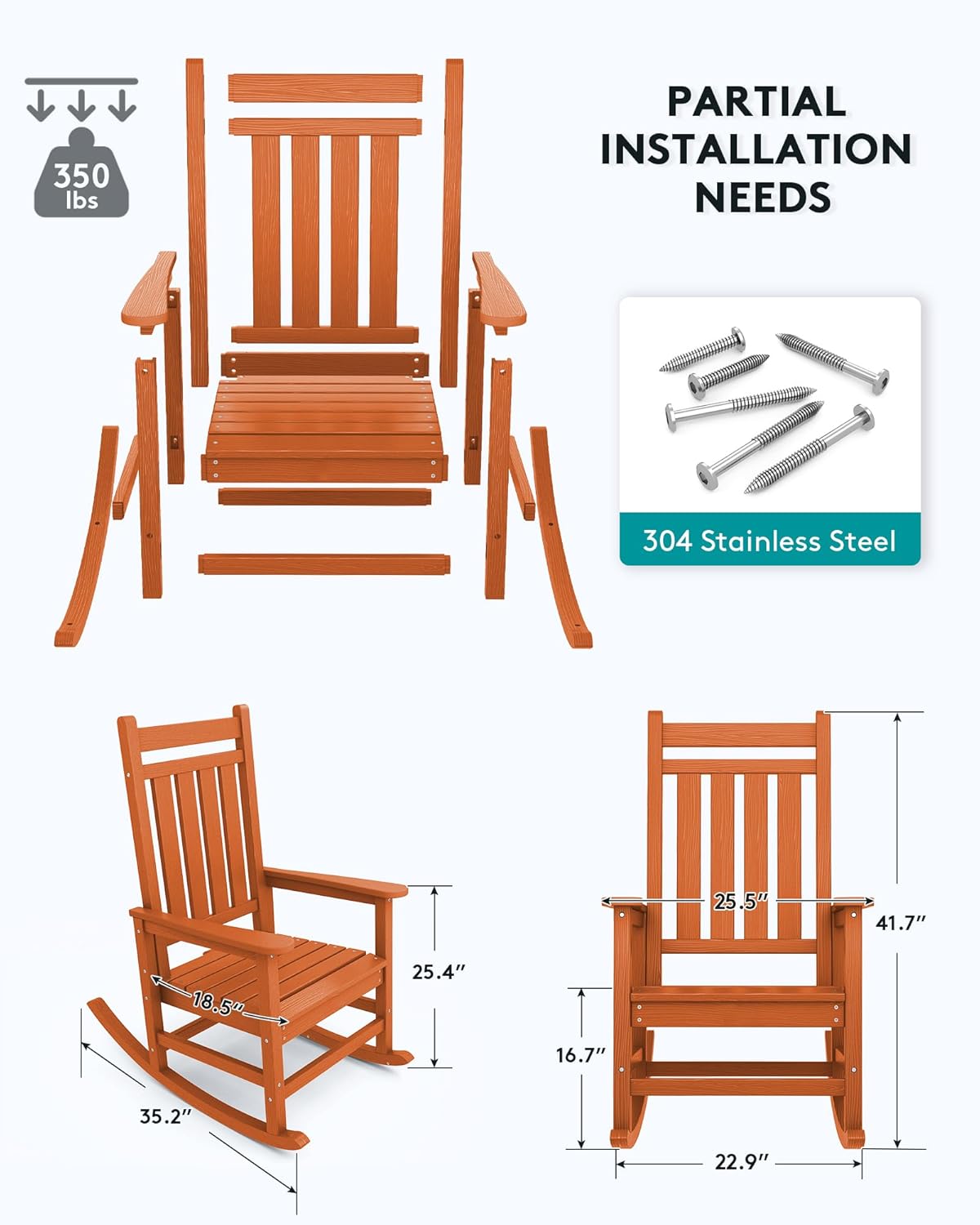 SERWALL Outdoor Rocking Chair Set of 4, HDPE Rocking Chairs for Adult, All Weather Porch Rockers for Lawn Garden, Orange